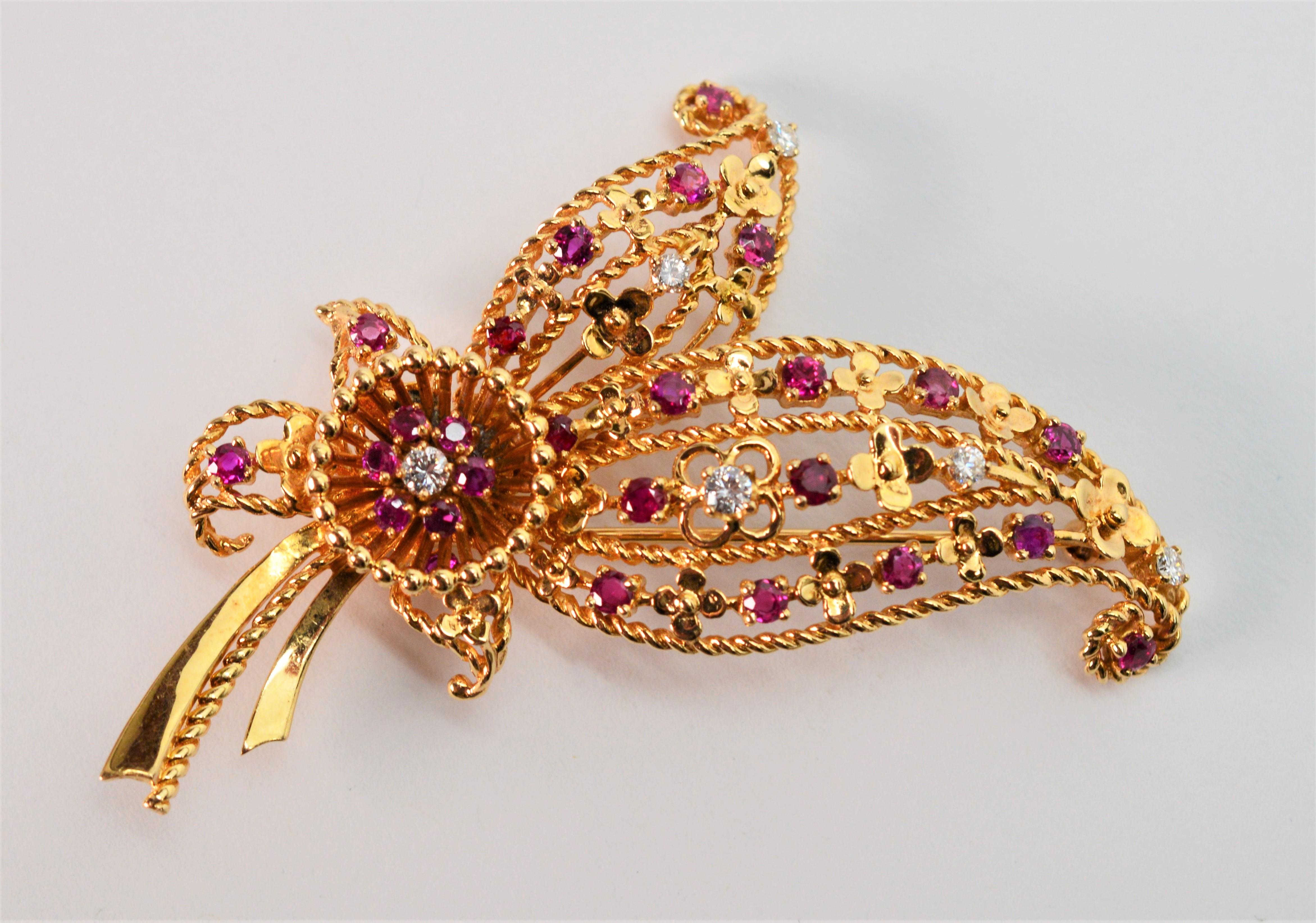 Floral Spray Brooch with Ruby Diamond Accents For Sale 1