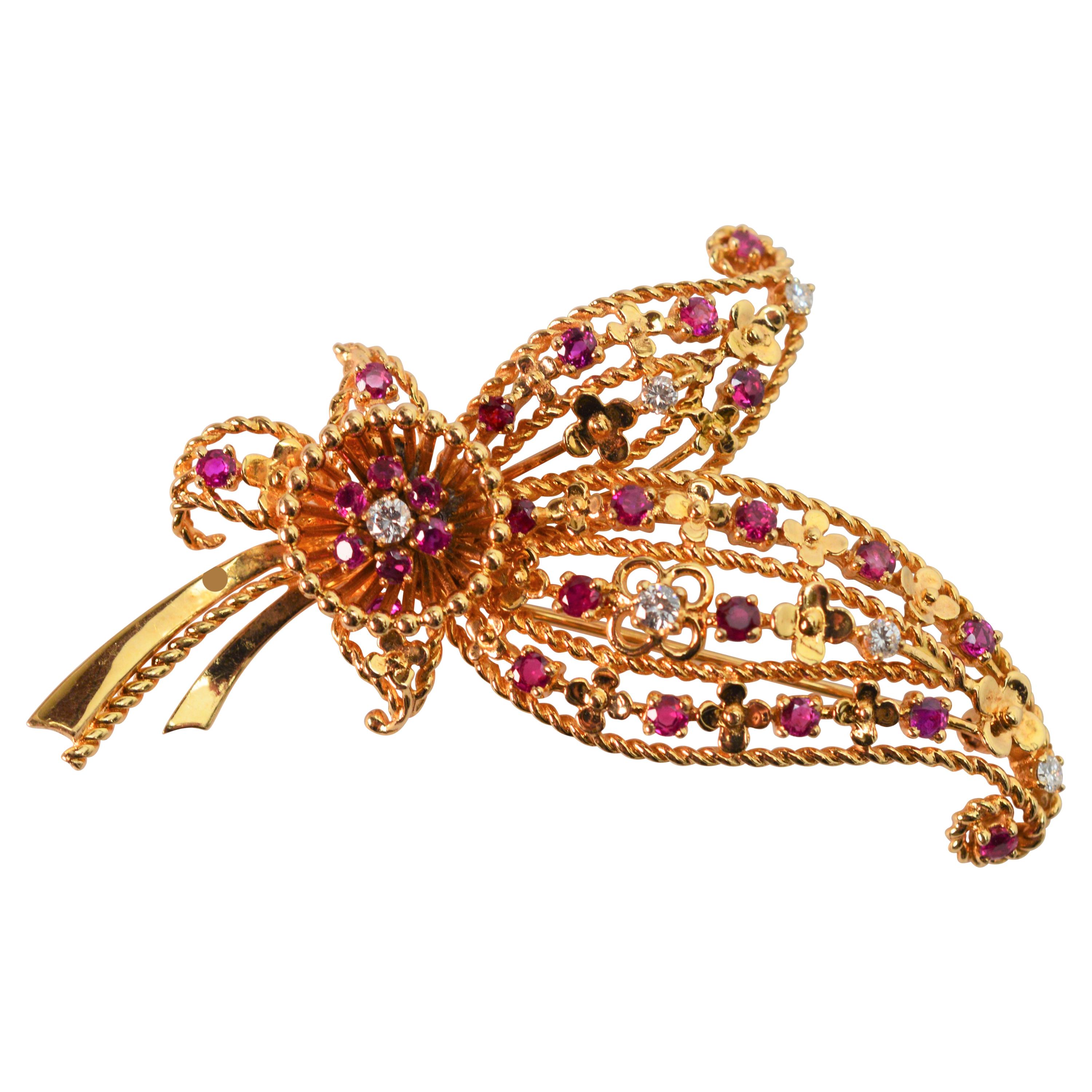 Floral Spray Brooch with Ruby Diamond Accents