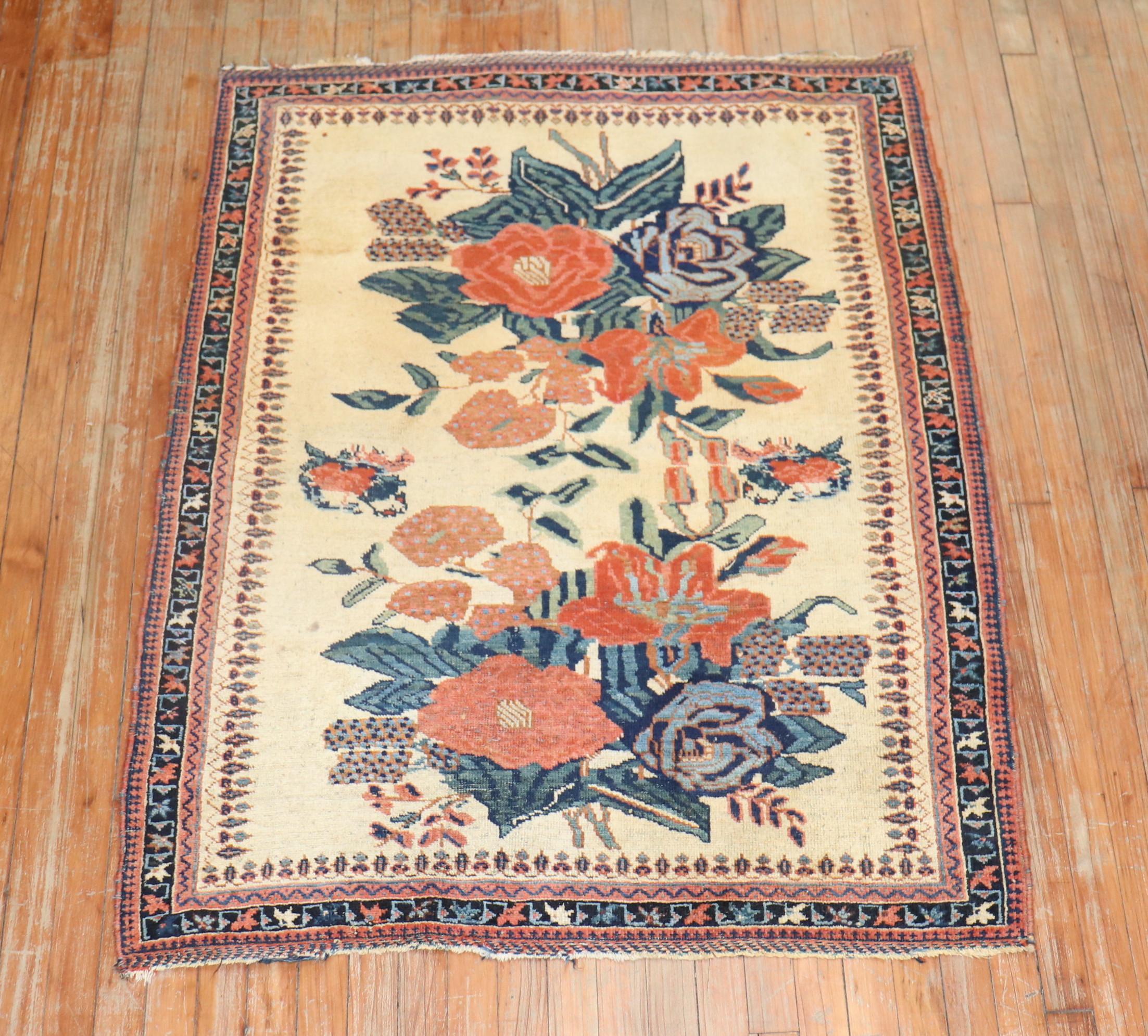 Futurist Floral Square Persian Afshar Rug For Sale