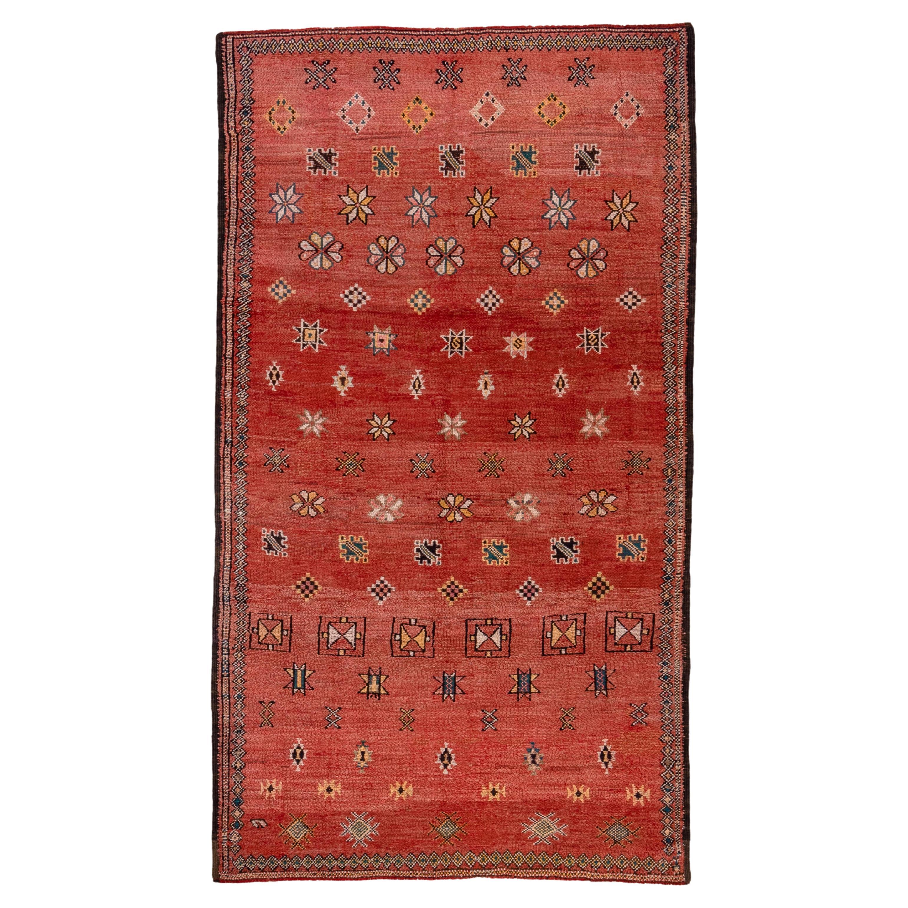 Floral Starred Allover Rug in Soft Red with Orange Pink Accented Trim For Sale