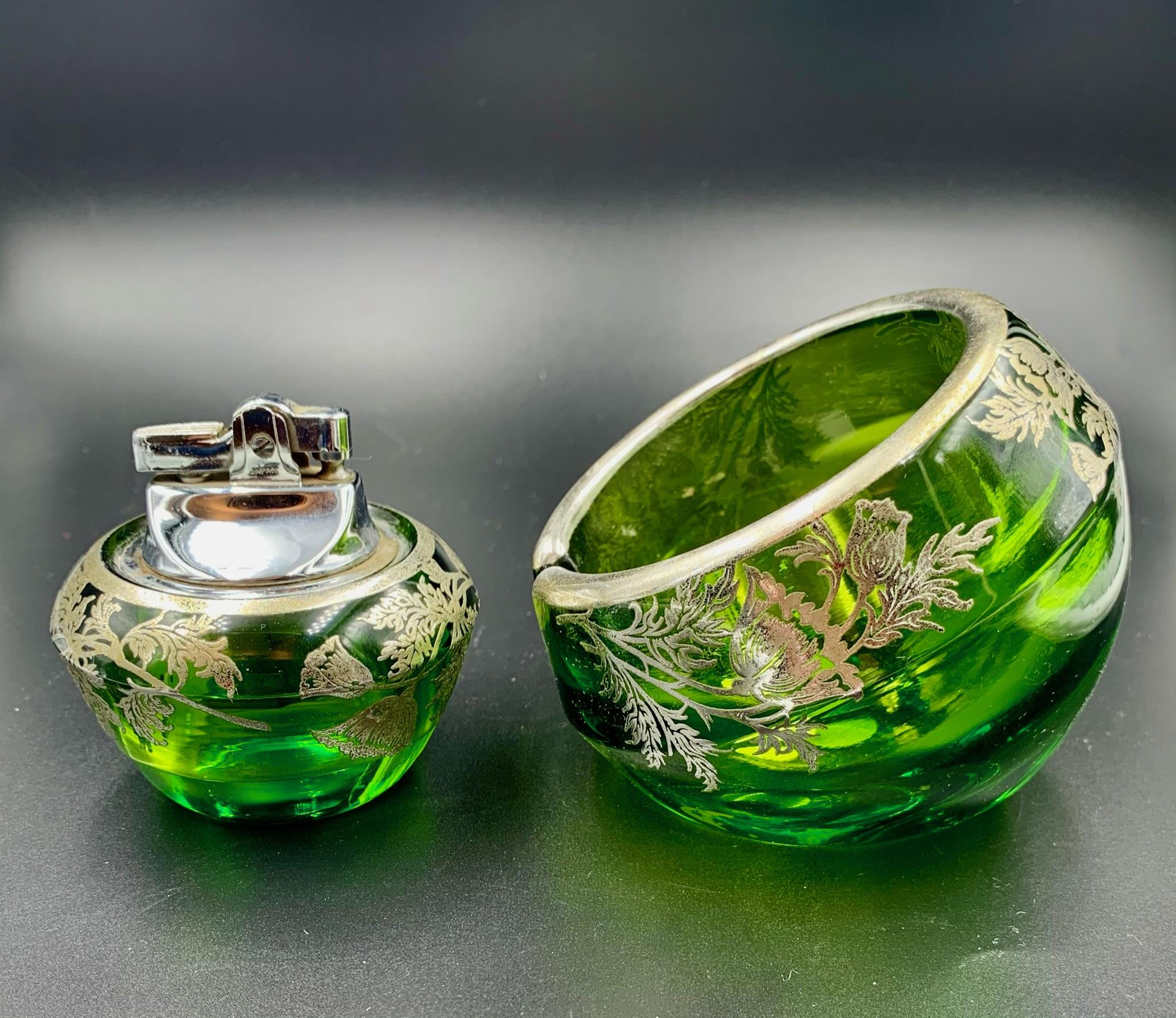 Floral Sterling Silver Green Glass Orb Ashtray Lighter Smoke Set by Viking Glass 2