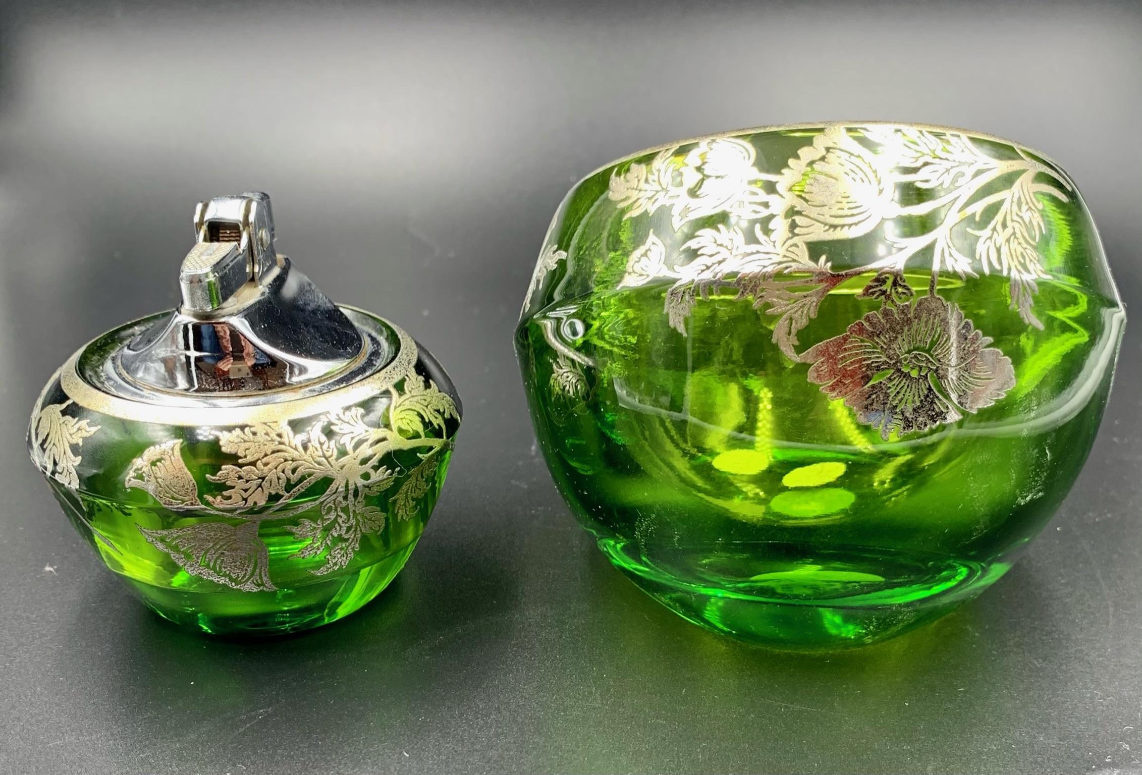 Floral Sterling Silver Green Glass Orb Ashtray Lighter Smoke Set by Viking Glass 3