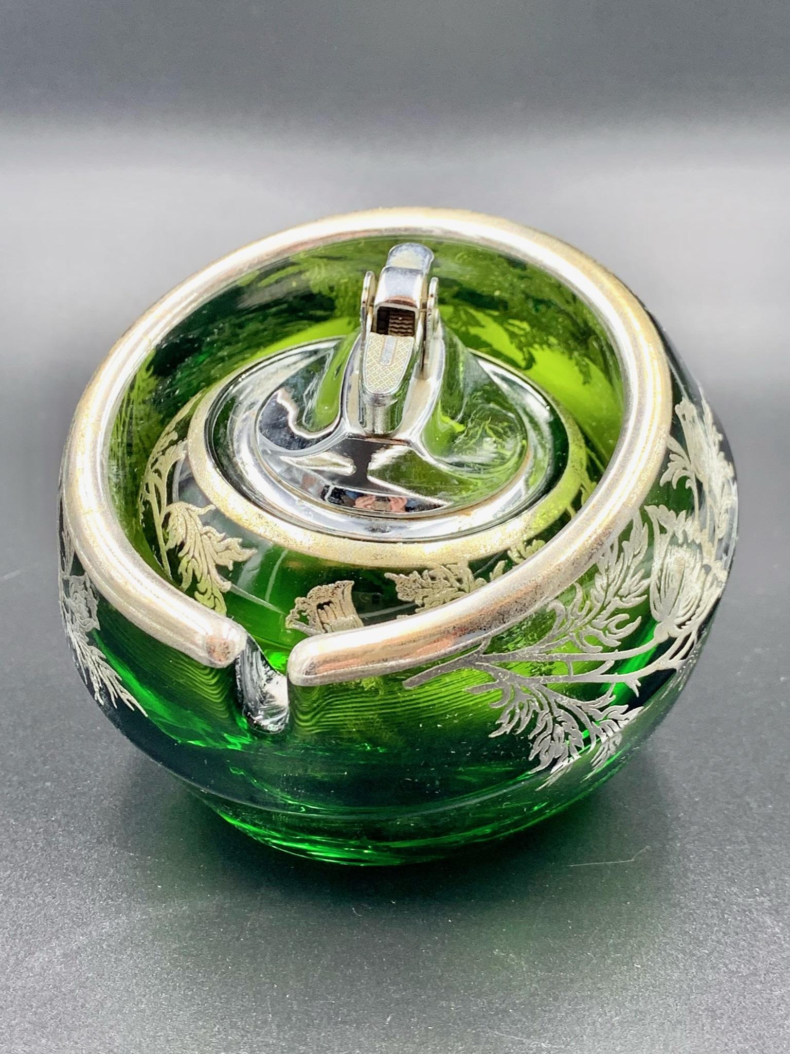 Floral Sterling Silver Green Glass Orb Ashtray Lighter Smoke Set by Viking Glass 4