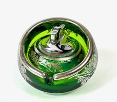 Floral Sterling Silver Green Glass Orb Ashtray Lighter Smoke Set by Viking Glass