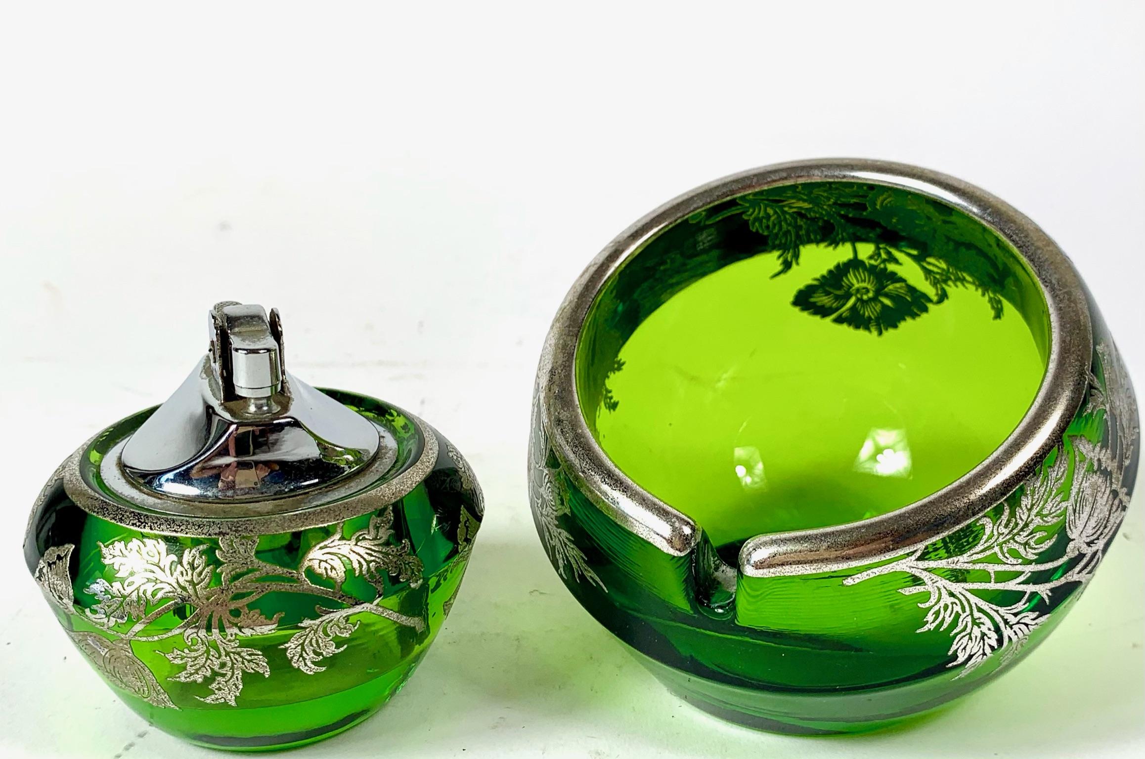 silver and jadeite ashtray and lighter