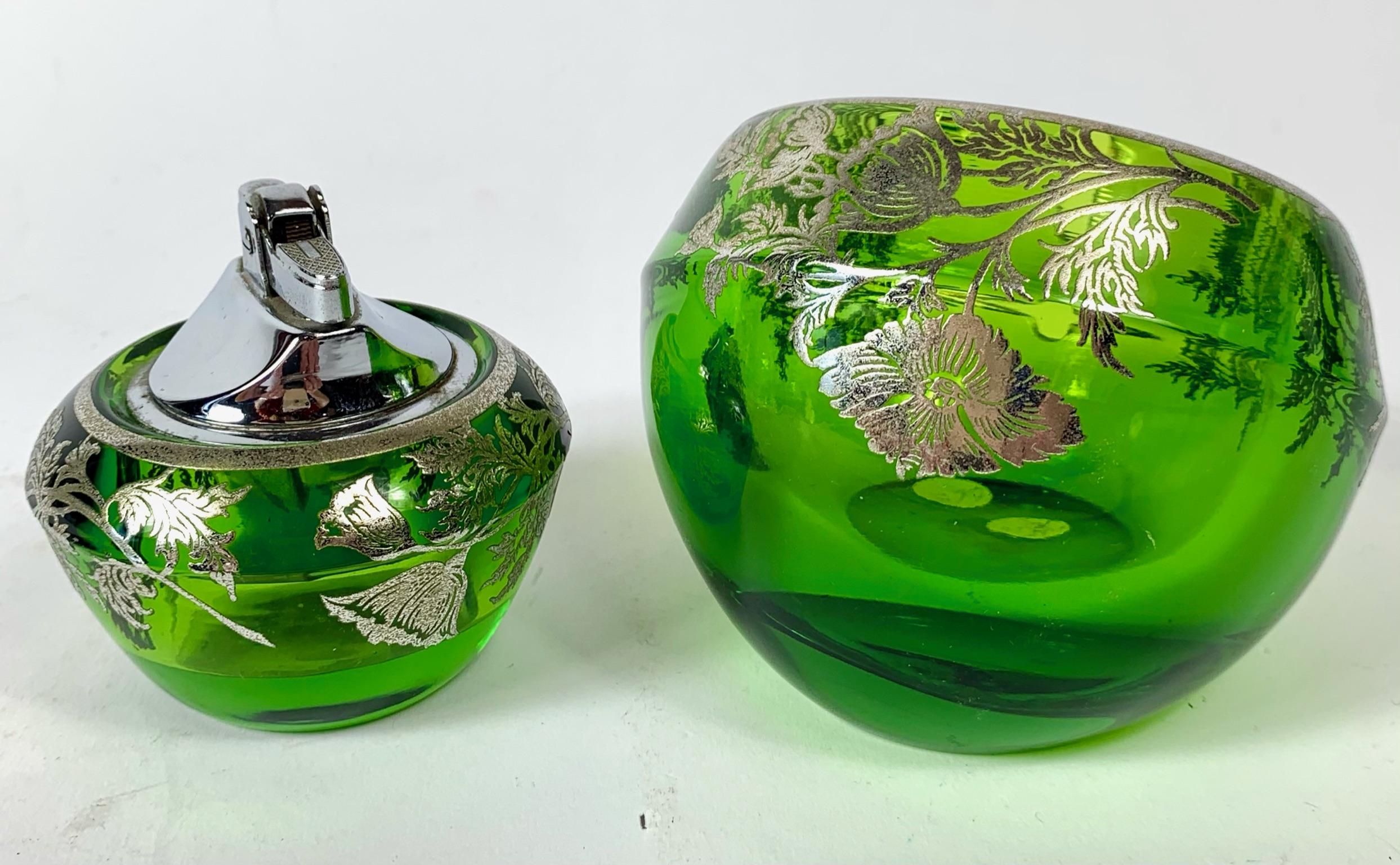 Floral Sterling Silver Green Glass Orb Ashtray Lighter Smoke Set by Viking Glass In Good Condition In Miami Beach, FL