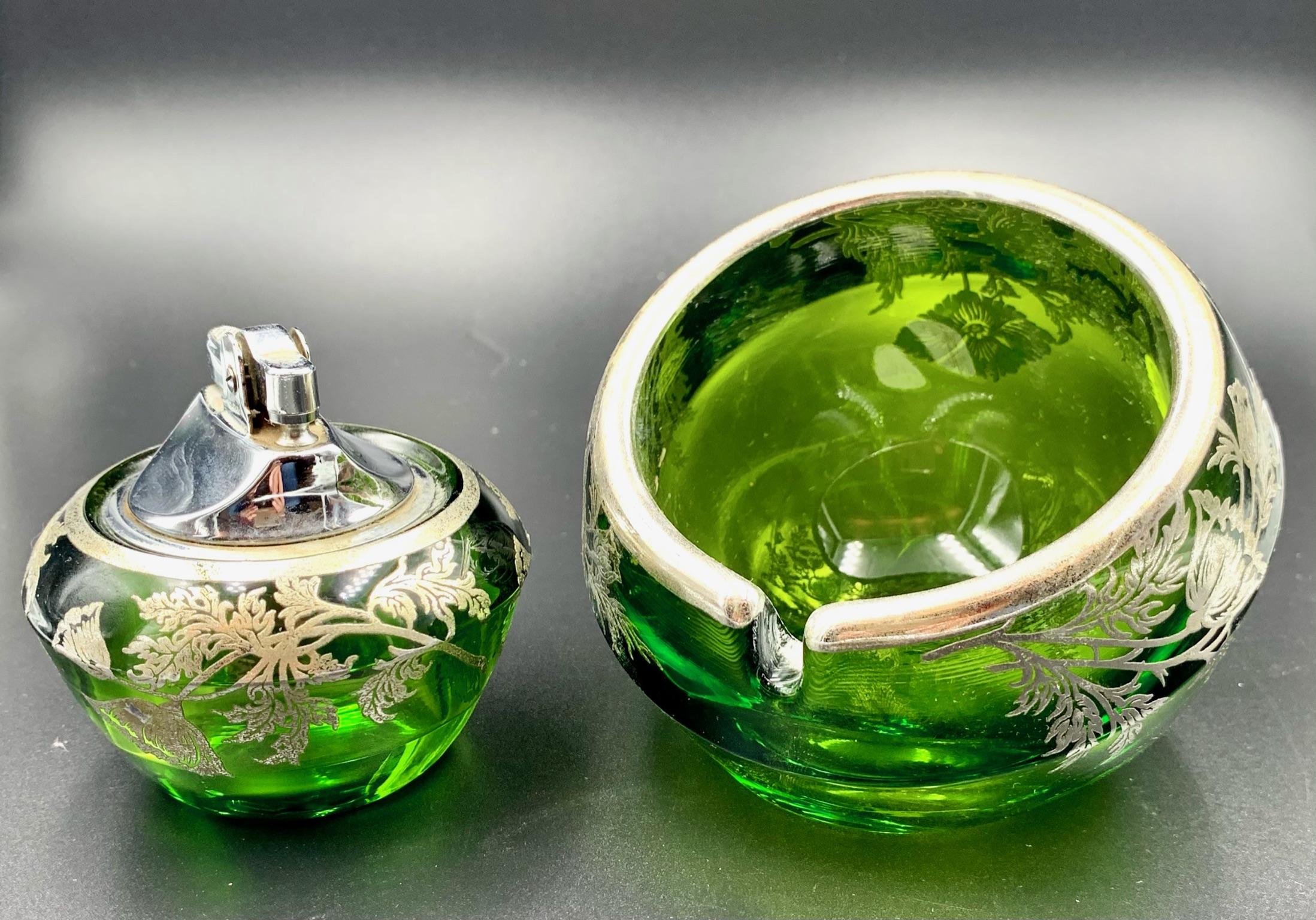 20th Century Floral Sterling Silver Green Glass Orb Ashtray Lighter Smoke Set by Viking Glass