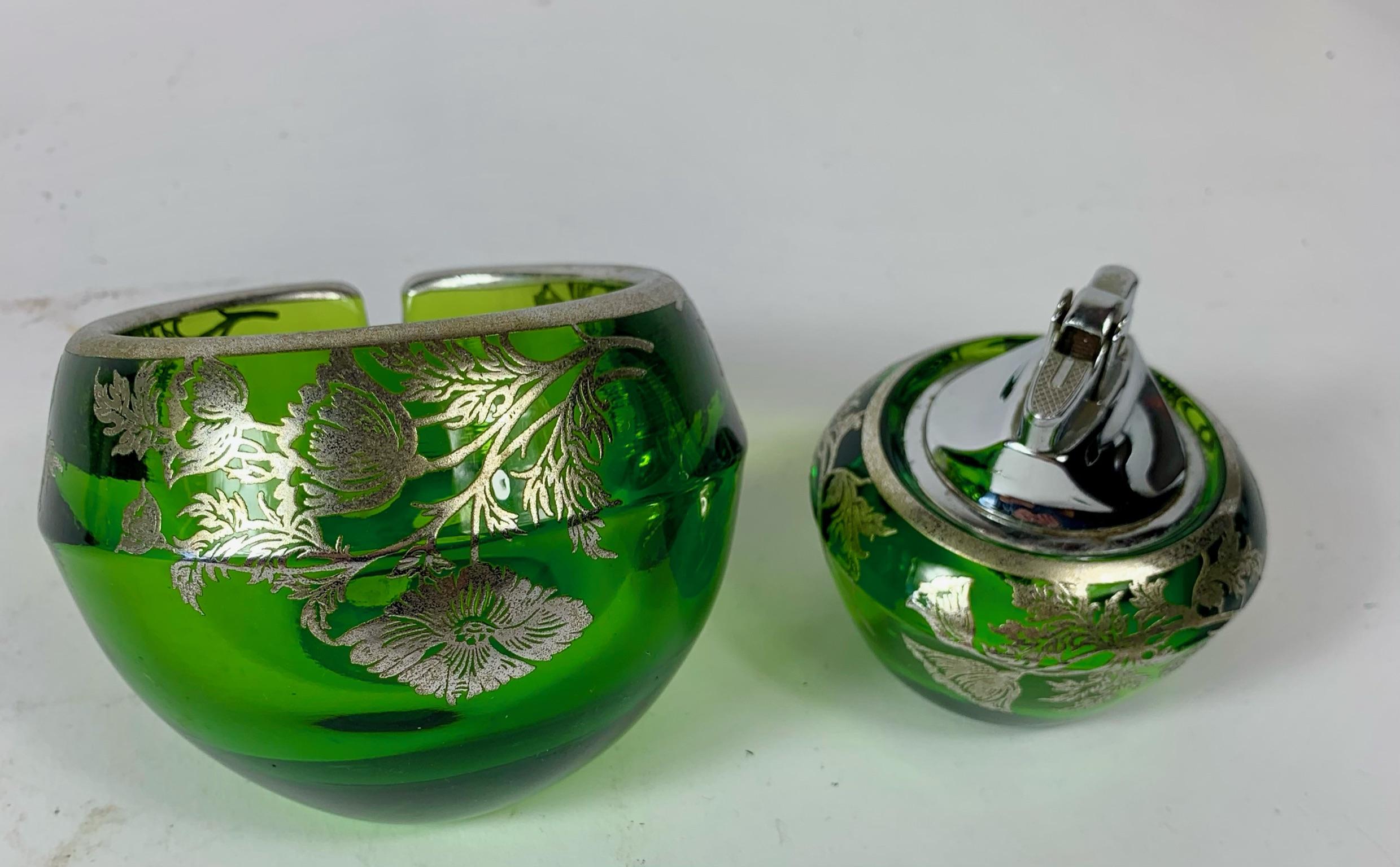 Art Glass Floral Sterling Silver Green Glass Orb Ashtray Lighter Smoke Set by Viking Glass