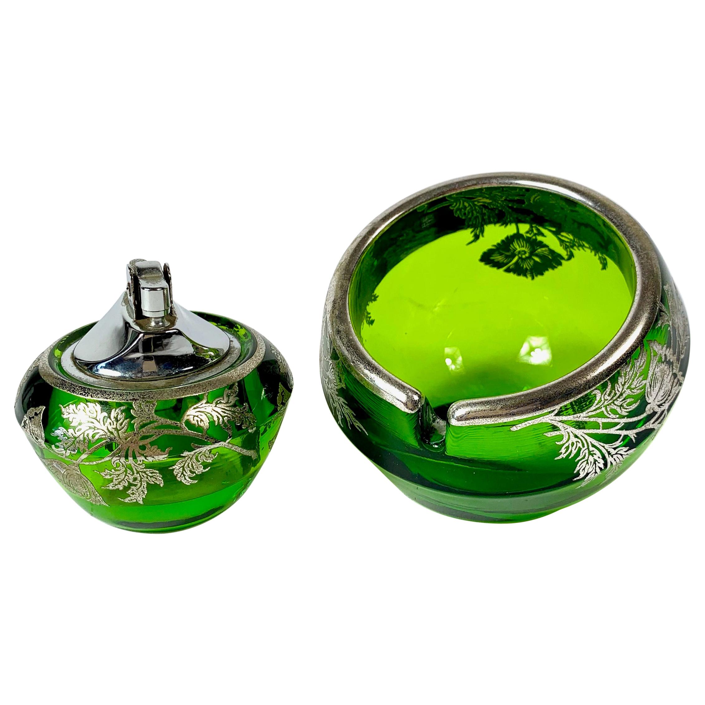Floral Sterling Silver Green Glass Orb Ashtray Lighter Smoke Set by Viking Glass