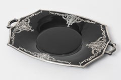 Floral Sterling Silver Overlay Black Amethyst Glass Handled Serving Tray