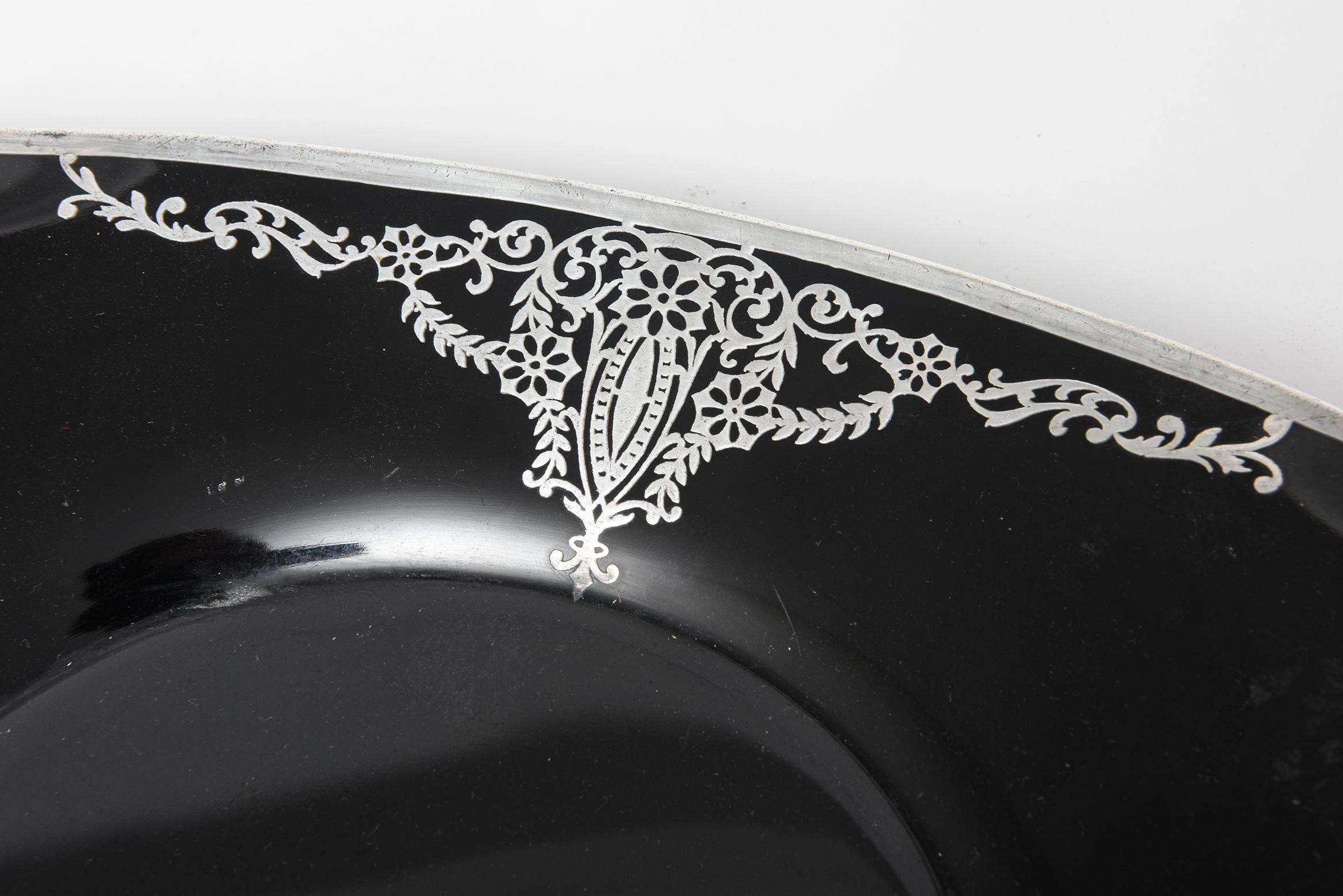 Floral Sterling Silver Overlay Black Amethyst Glass Handled Serving Tray 4