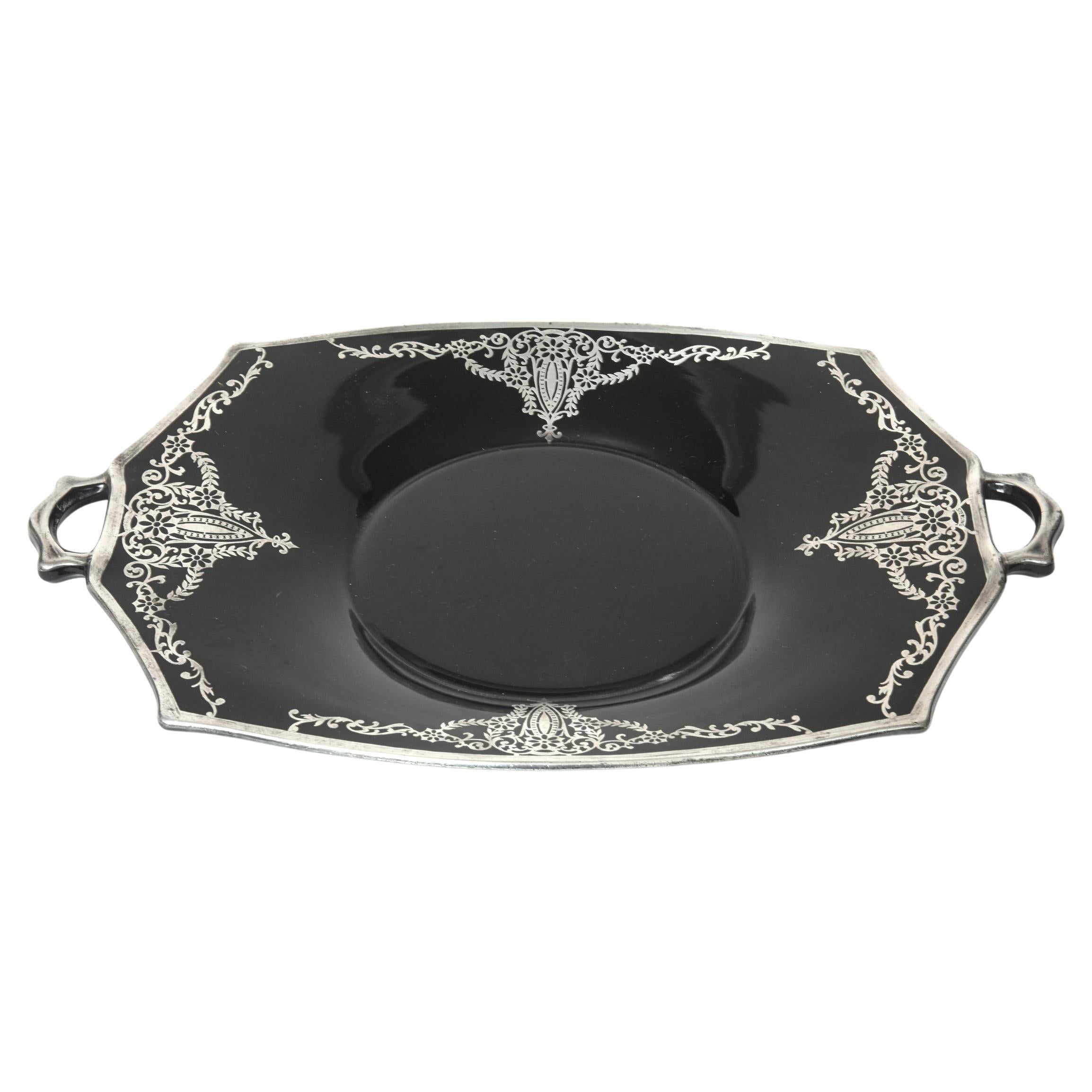 Floral Sterling Silver Overlay Black Amethyst Glass Handled Serving Tray