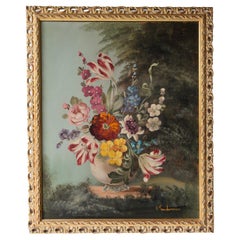 Floral Still Life by E. Vanderman, Vintage Original Oil on Board Painting
