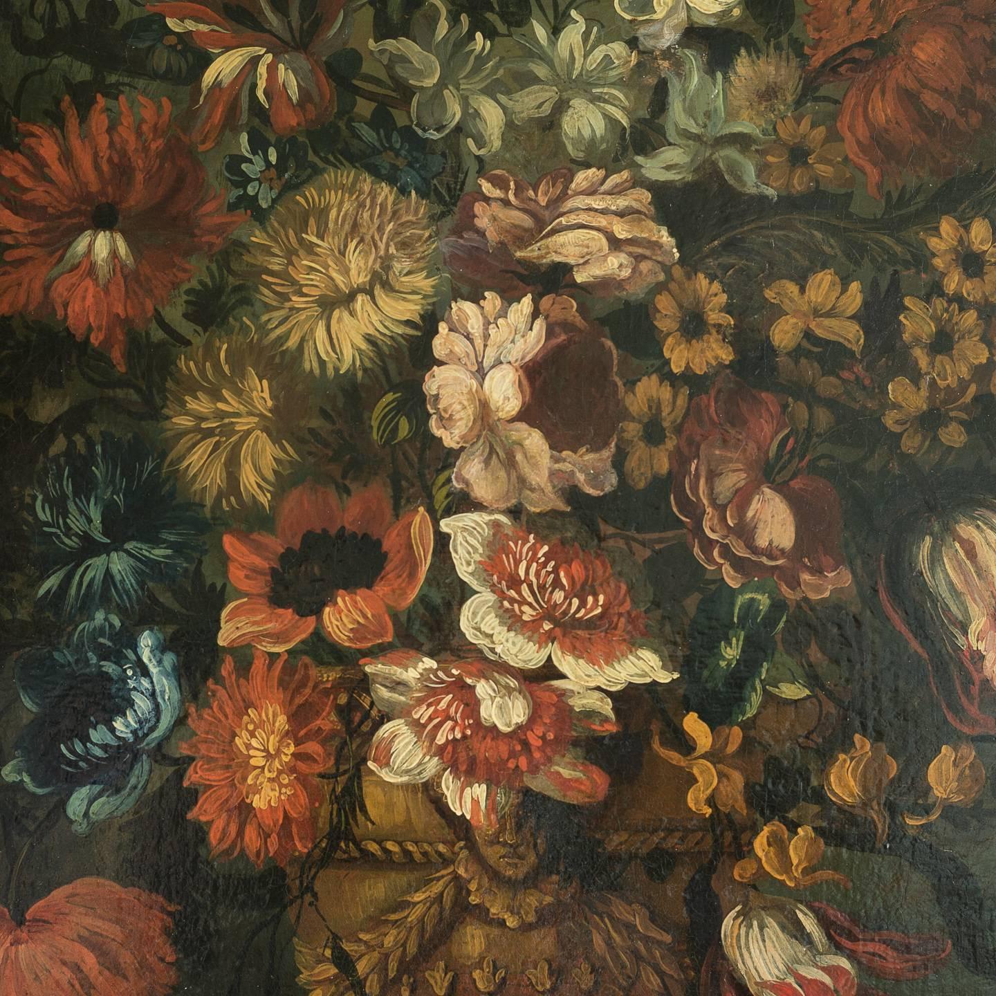 Early 18th century floral still-life in the circle of Pieter Casteels III (1684–1749), oil-on-canvas in gilt frame. 

Casteels III was a Flemish painter and engraver mainly known for his flower pieces, game pieces and bird scenes, who in his early