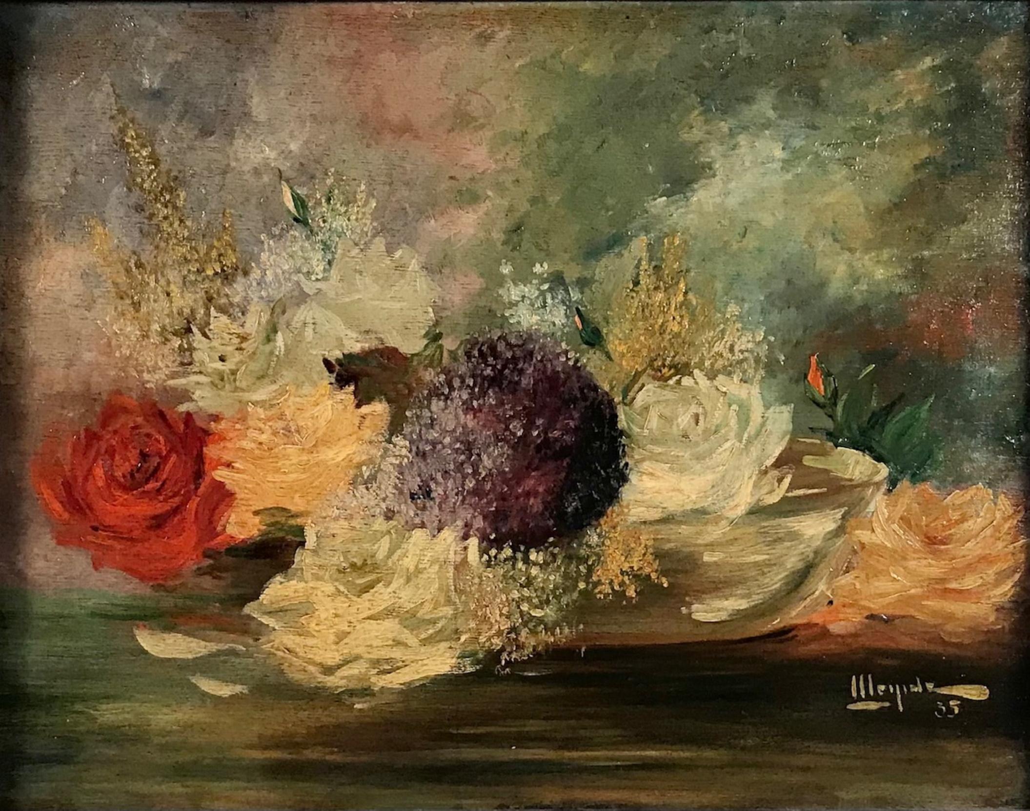 Floral still life, framed oil on wood, signed and dated, 1935.

This Impressionist style still life of roses and mixed florals is hand painted in oil on wood. The romantic and moody picture is framed in a dark wood decorative frame and features a