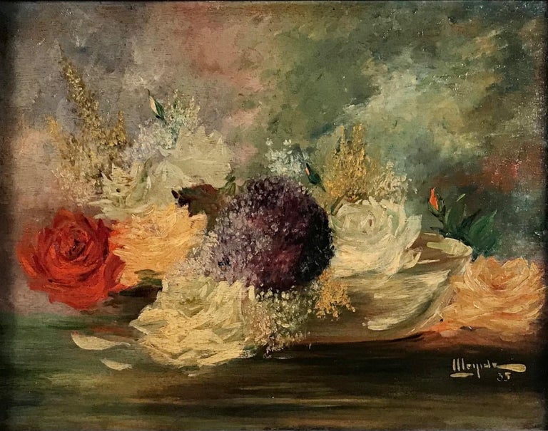 Floral still life, framed oil on wood, signed and dated, 1935.

This Impressionist style still life of roses and mixed florals is hand painted in oil on wood. The romantic and moody picture is framed in a dark wood decorative frame and features a