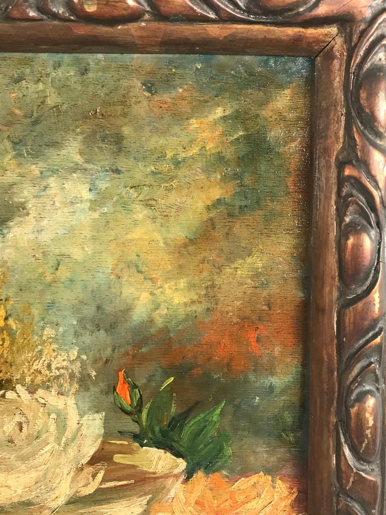 Arts and Crafts Floral Still Life, Framed Oil on Wood, Signed and Dated, 1935