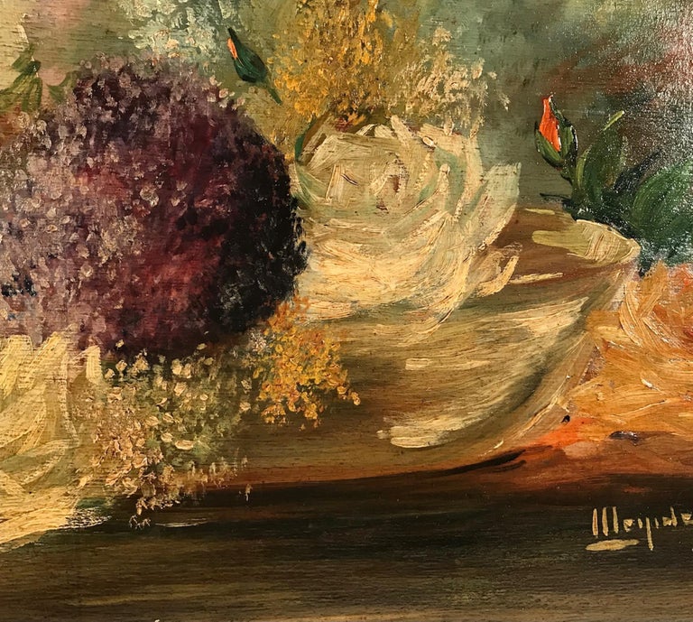 Hand-Painted Floral Still Life, Framed Oil on Wood, Signed and Dated, 1935