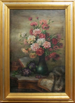 Floral Still Life in Pil on Canvas with Vase and Book, Signed