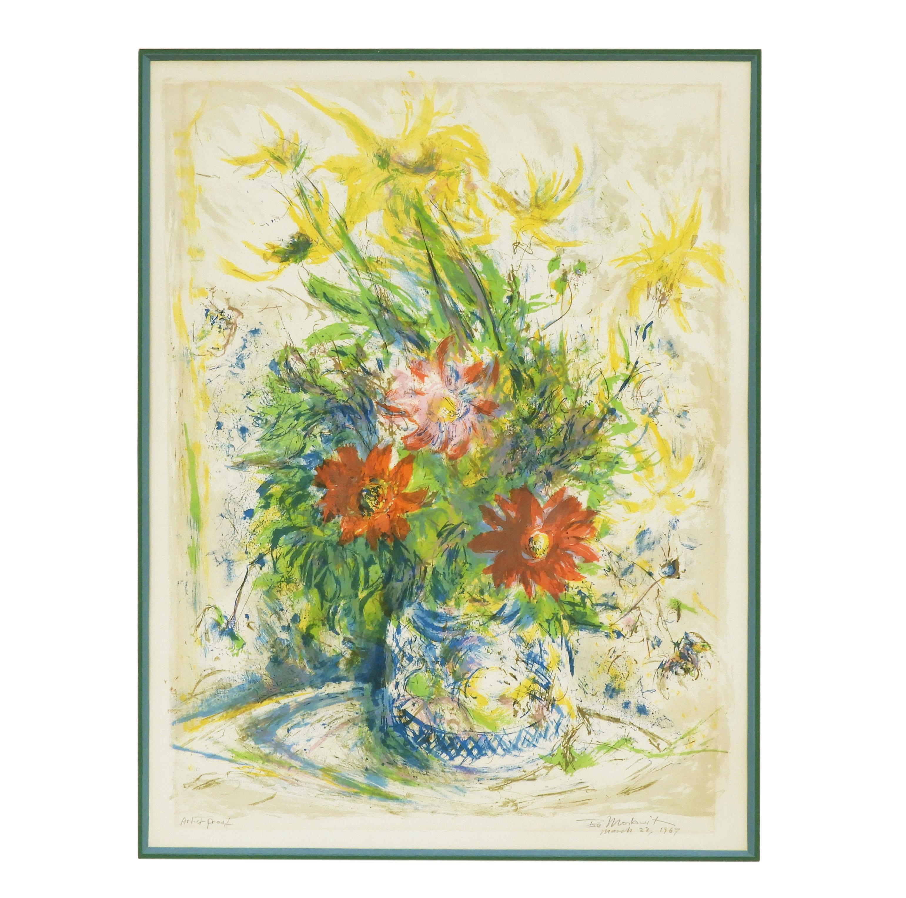 Mid-Century Modern ‘Floral Still Life’ Lithigraph by Ira Moskowitz For Sale