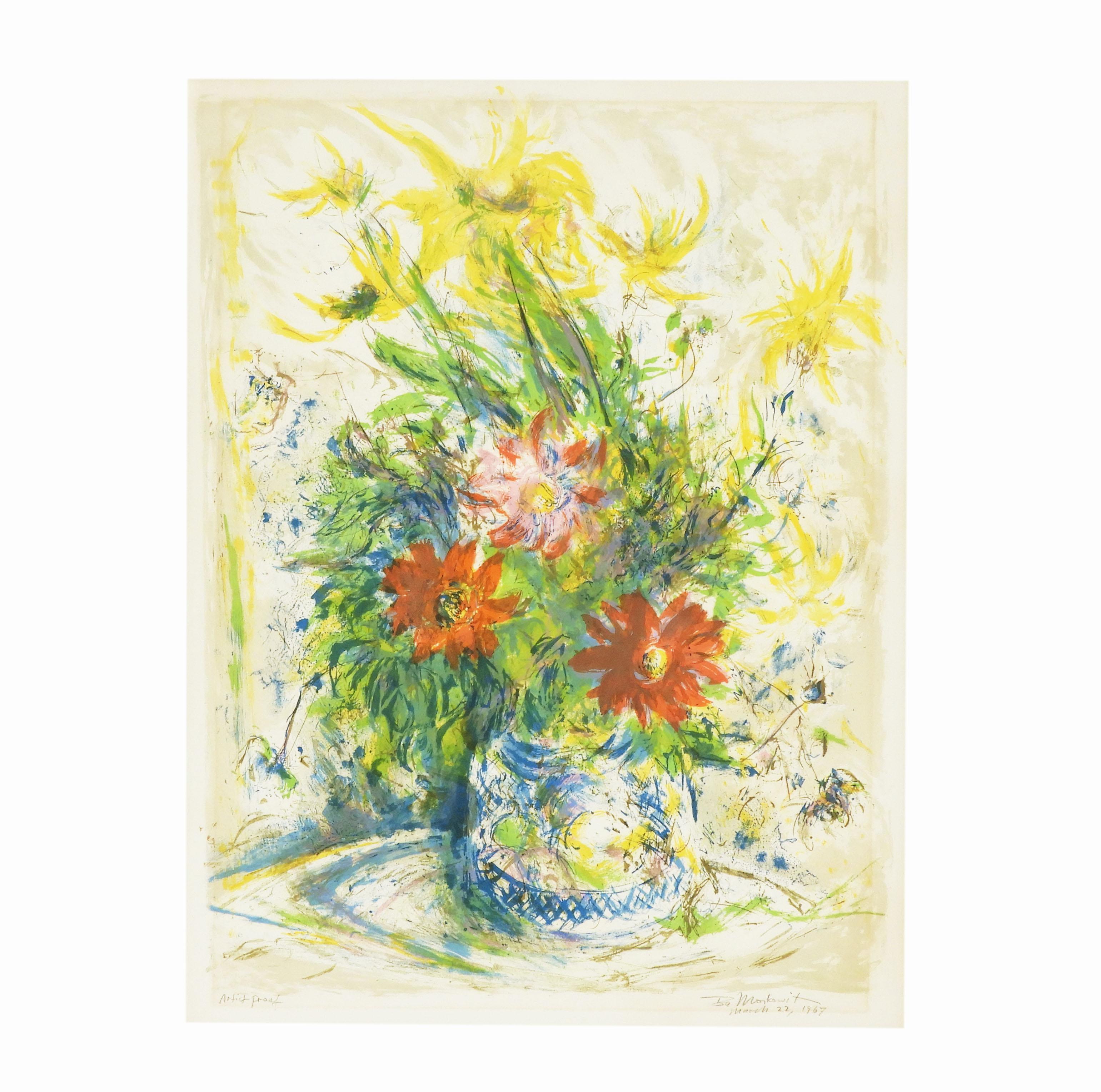 Blumenlithographie „Stillleben mit Blumen“ von Ira Moskowitz im Zustand „Gut“ im Angebot in Trensacq, FR