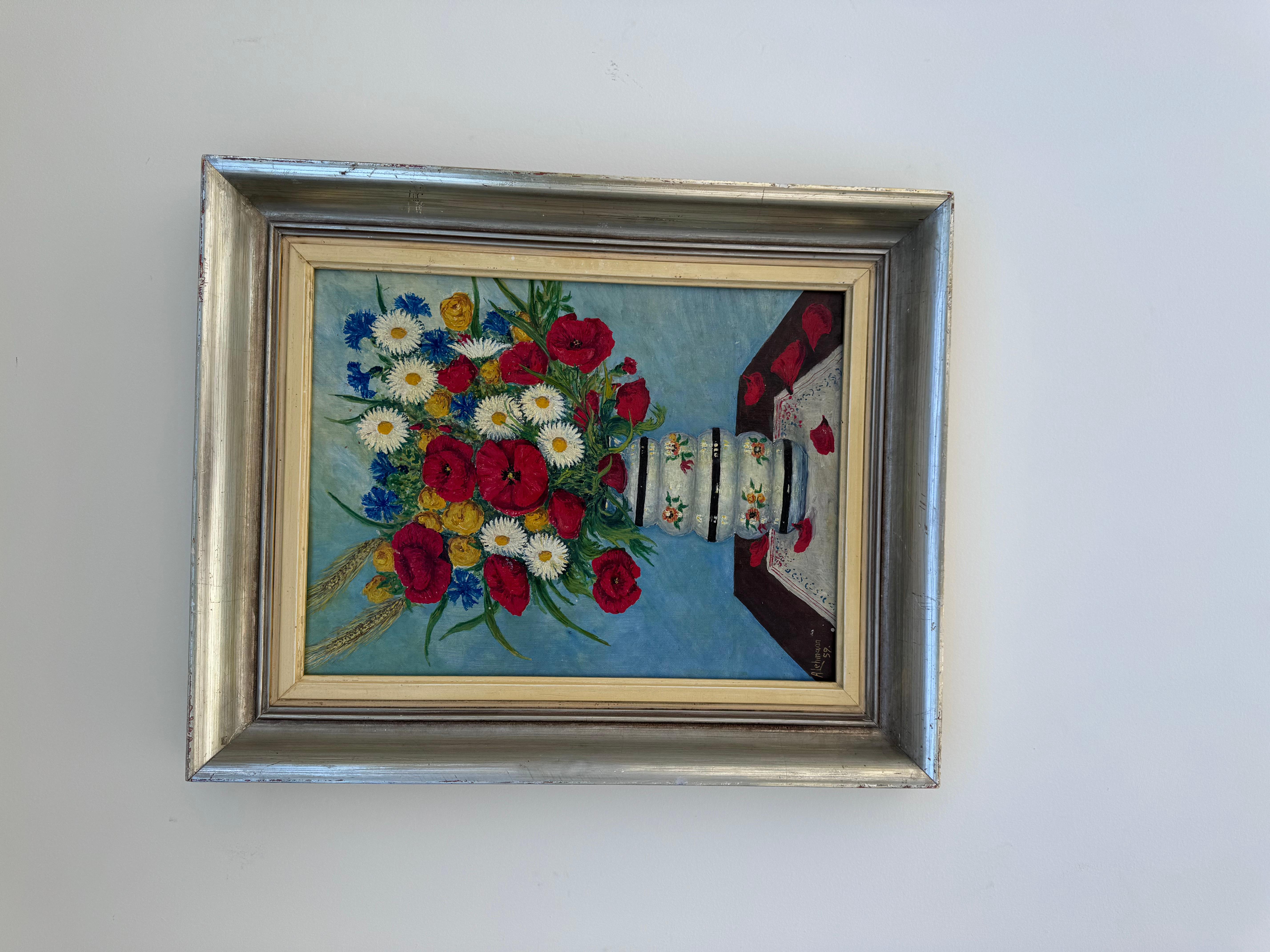 Auffallendes Stillleben mit Wildblumen in einer Vase von Alfred Lehmann, signiert und datiert unten links auf der Vorderseite der Leinwand 