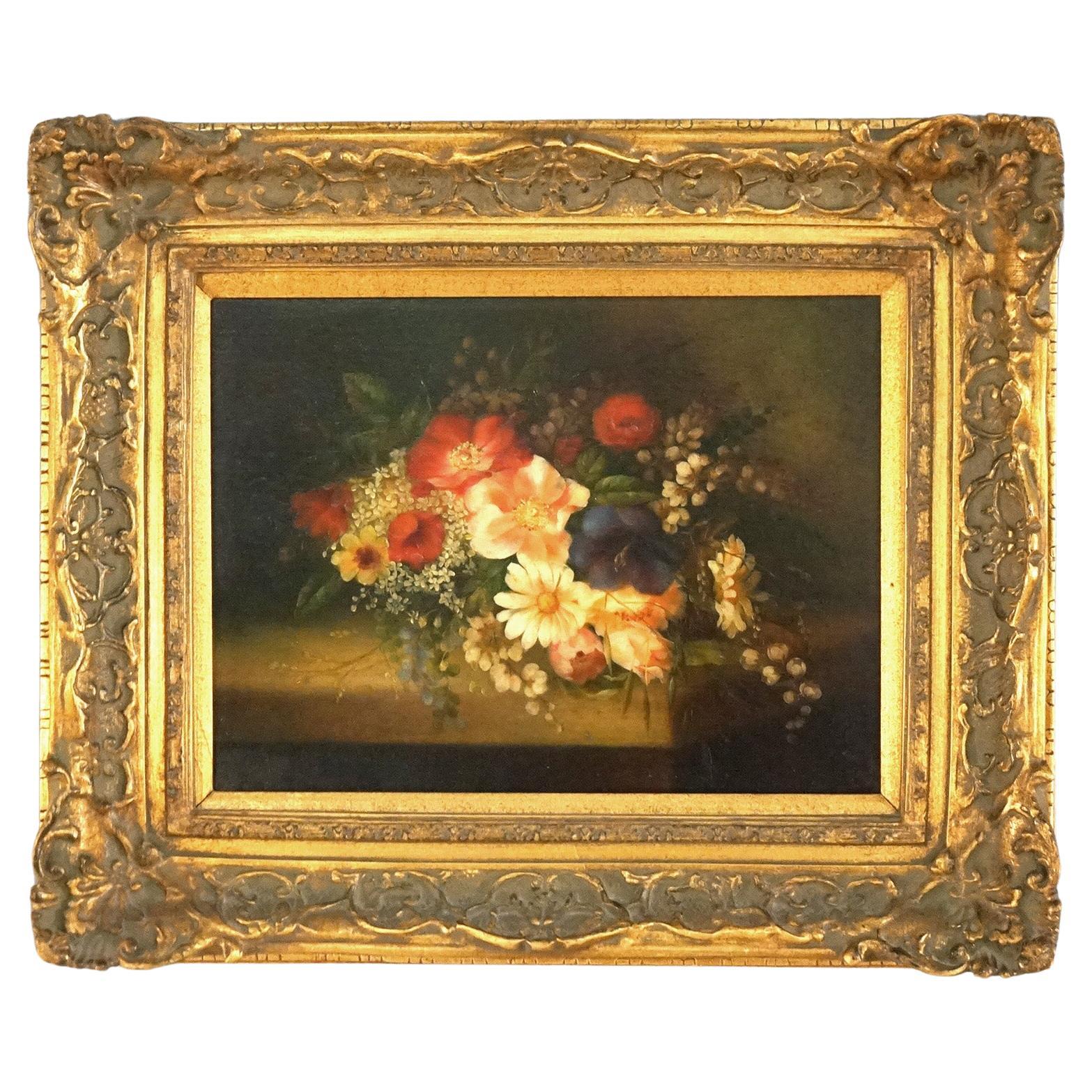 Antique Oil on Canvas Still Life Painting of Roses Signed by S
