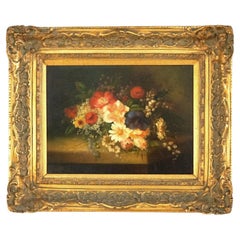 Floral Still Life Oil on Canvas Painting of Garden Flowers 20thC