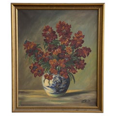 Bodegón floral Óleo sobre lienzo, Firmado, Europeo, Mediados del siglo XX