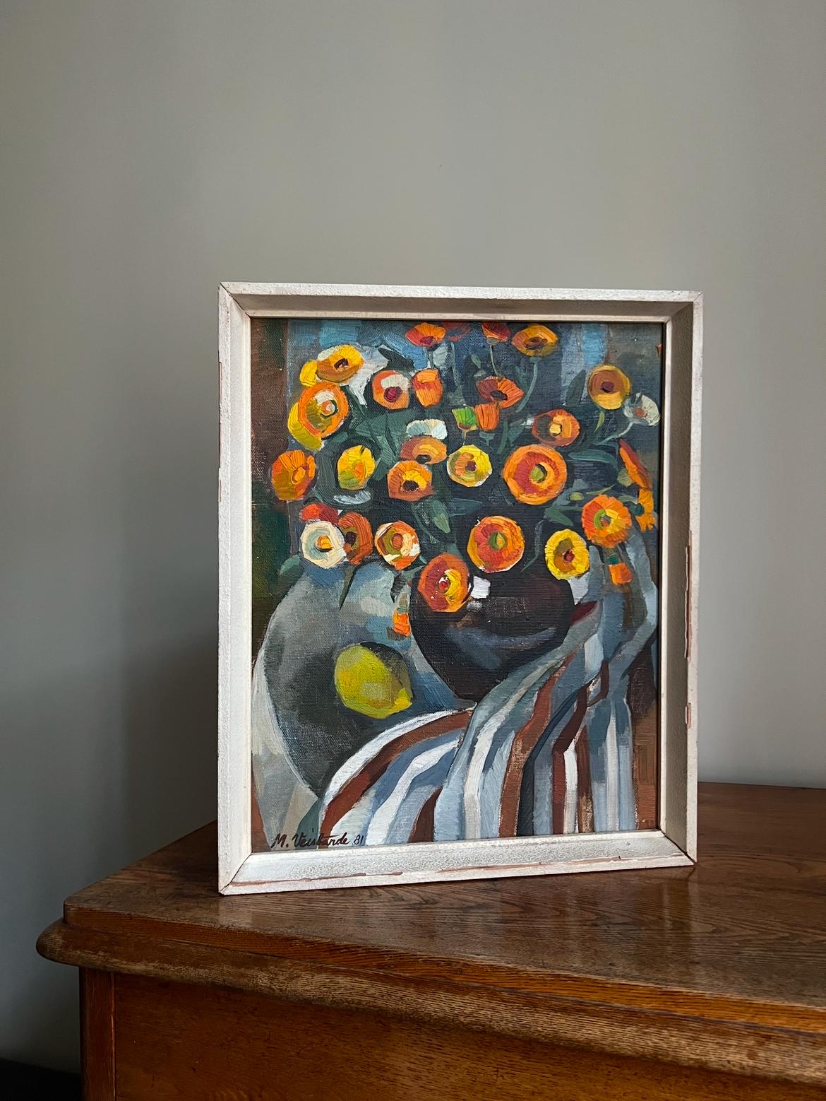 Vintage floral still life painting by Latvian artist Maira Veisbārde (1950). Oil on canvas, signed and dated.