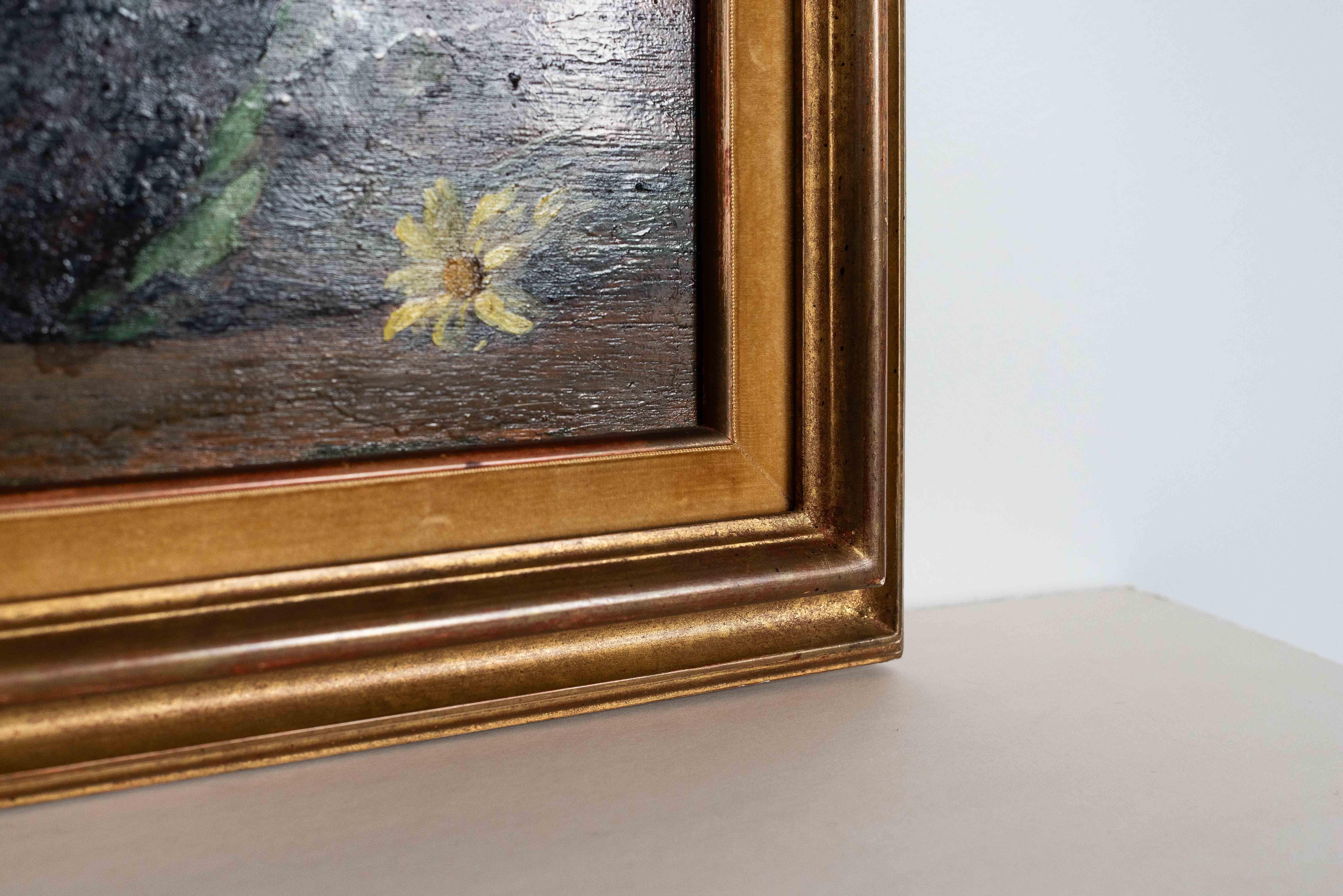 Canvas Floral Still Life, Oil Painting in Gilded Oak Frame, Late 19th Century For Sale