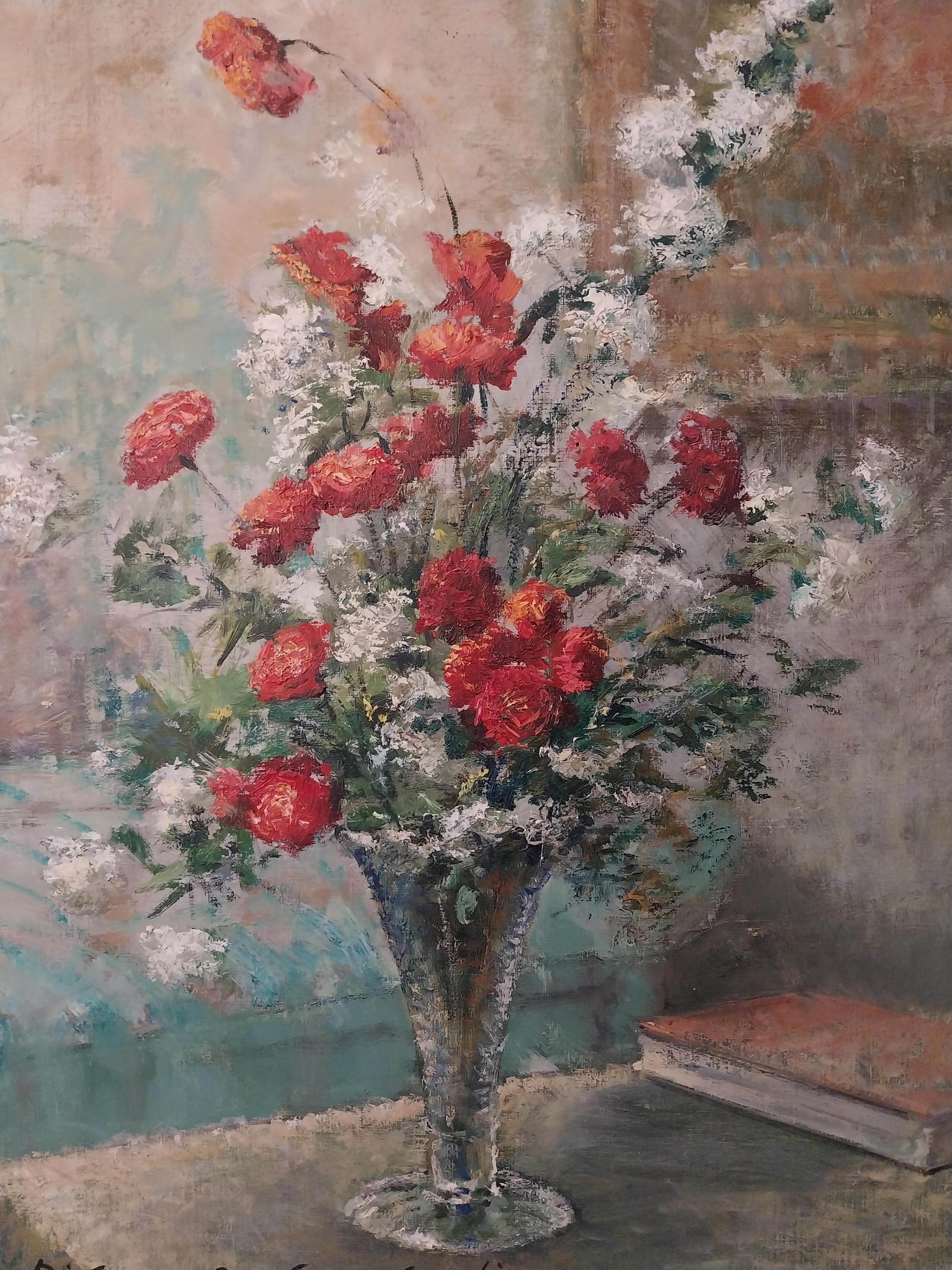 Still life flower painting, floral impressionist Oil on canvass floral picture interior scene by Italian artist Giuseppe Cavasanti he attended Alberta Academy under the guidance of Giacomo Grosso.
This fabulous still life in original white and