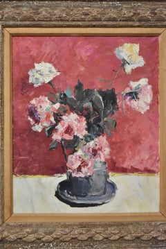 Blumenstillleben Ölgemälde auf Leinwand Oeillets sur Fond Rouge, Ölgemälde