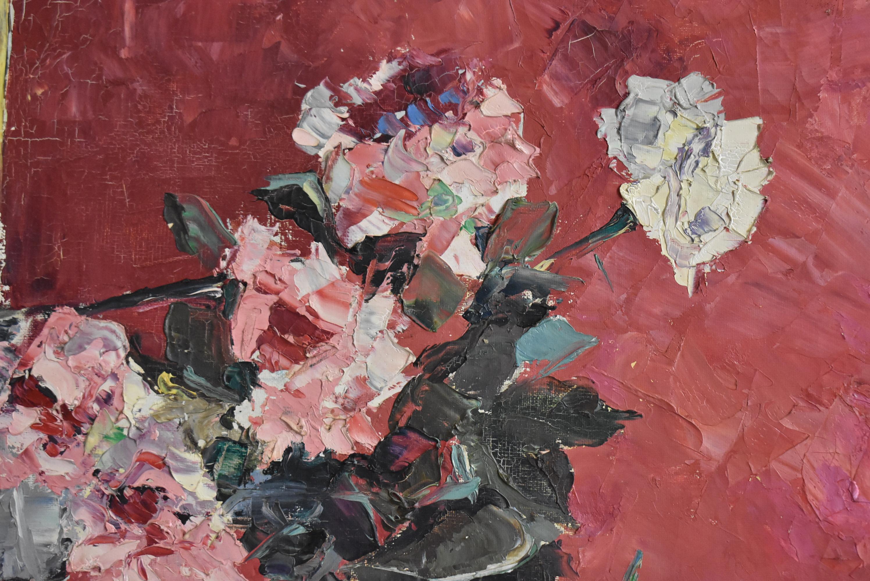 Bodegón Floral Pintura al Óleo sobre Lienzo Oeillets sur Fond Rouge en Bueno estado para la venta en Toledo, OH