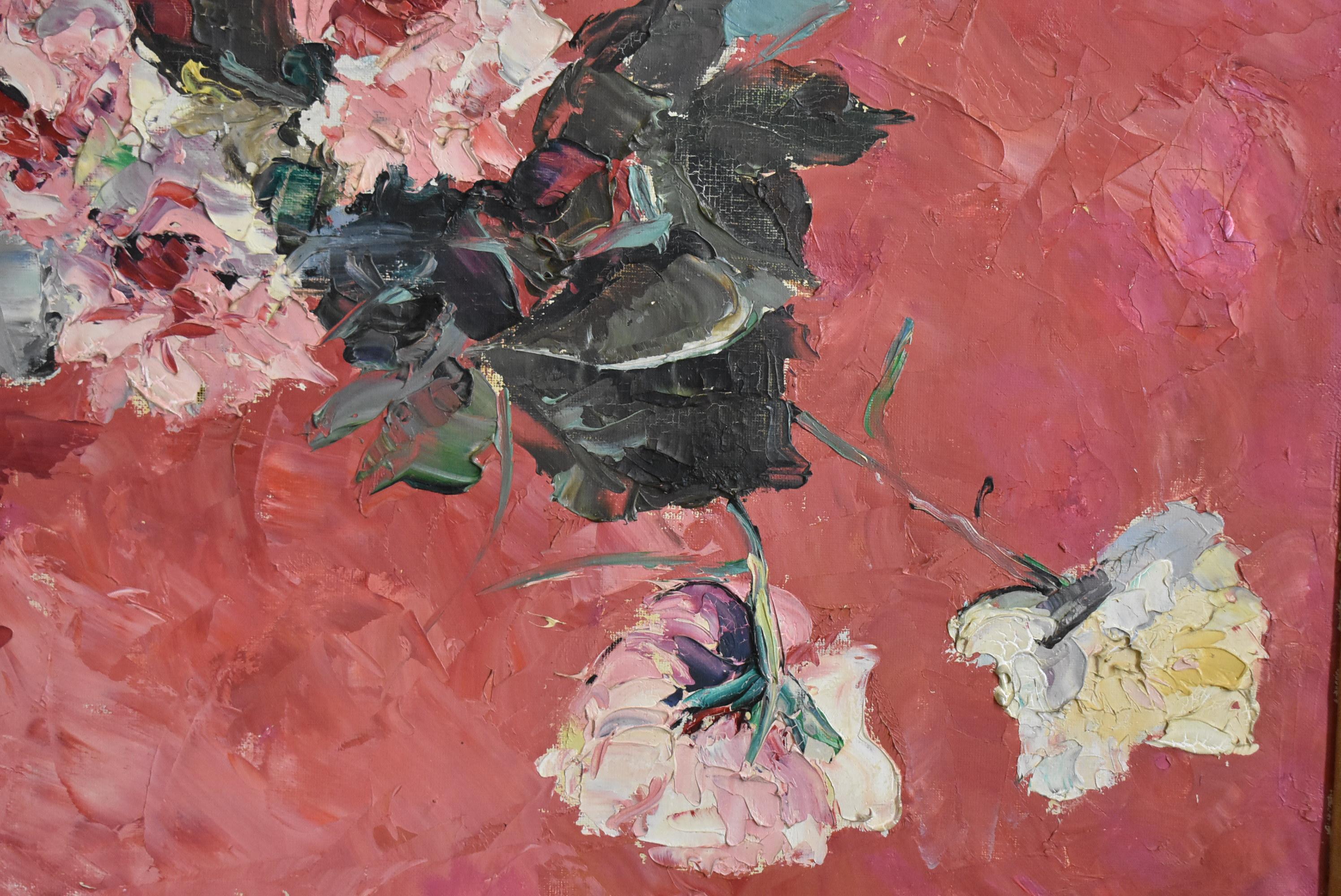 Bodegón Floral Pintura al Óleo sobre Lienzo Oeillets sur Fond Rouge siglo XX en venta