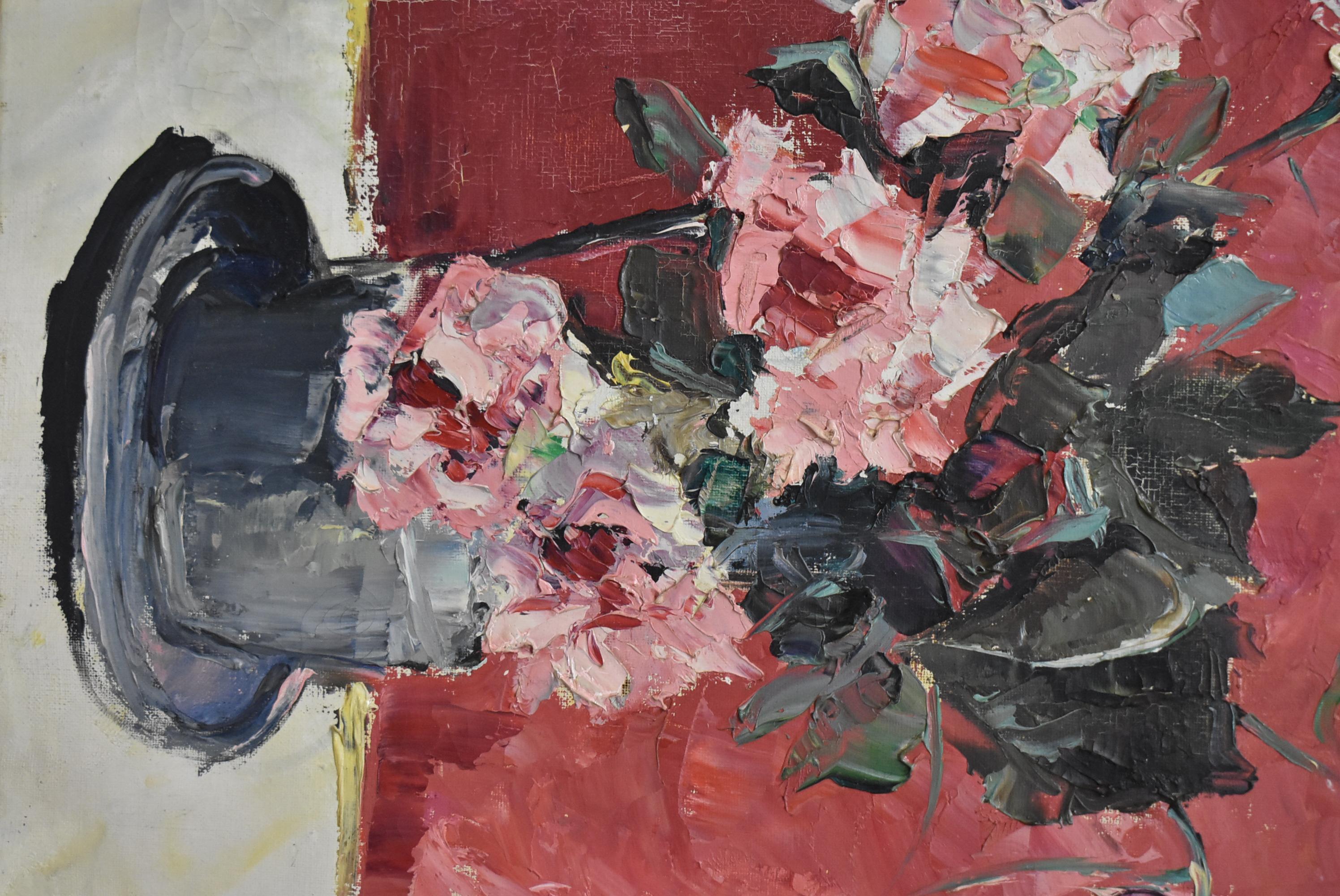 Bodegón Floral Pintura al Óleo sobre Lienzo Oeillets sur Fond Rouge en venta 1