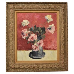 Bodegón Floral Pintura al Óleo sobre Lienzo Oeillets sur Fond Rouge