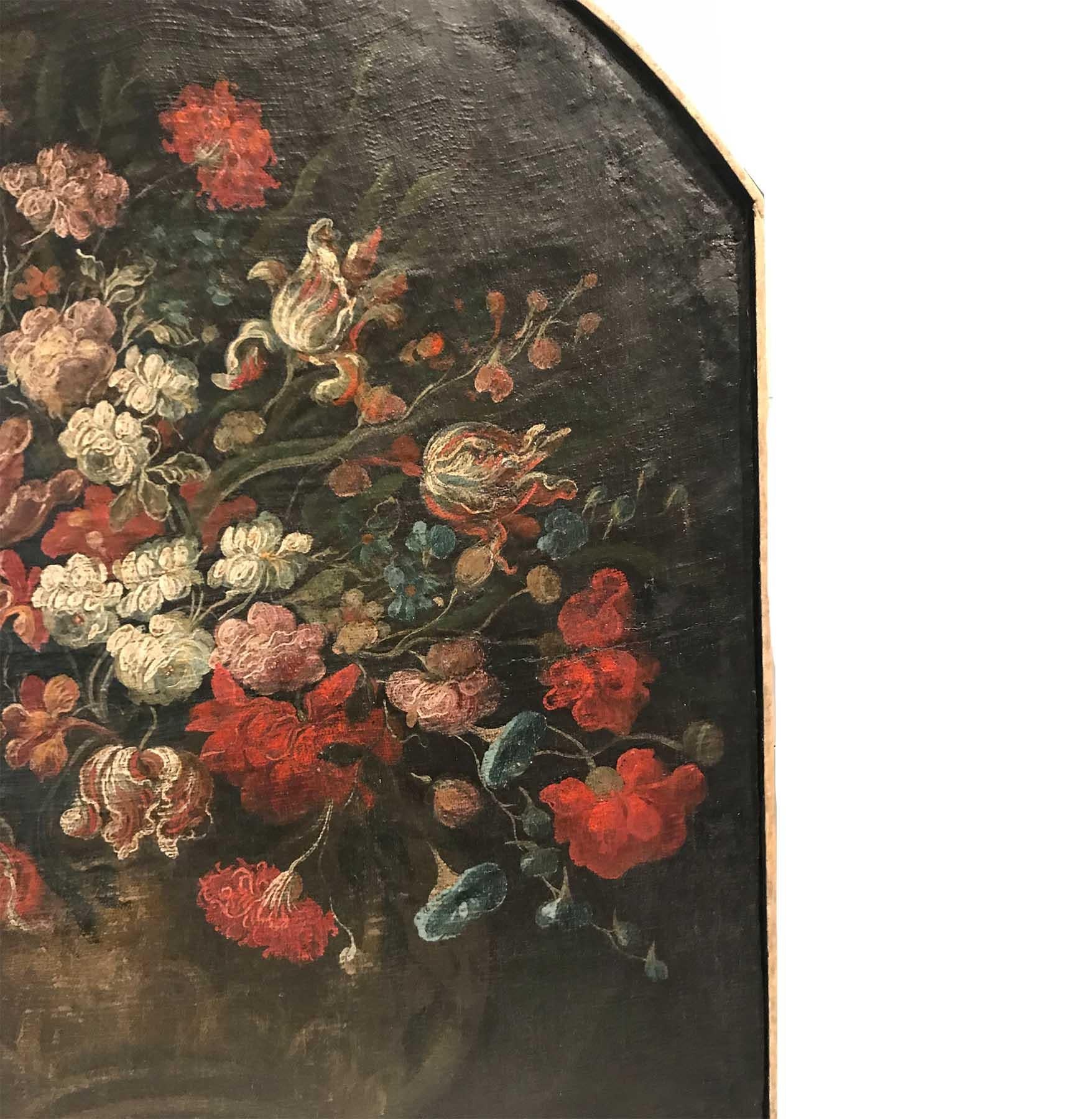 19th Century Floral Still Life Oil Painting with Arch Top in Wood Frame For Sale