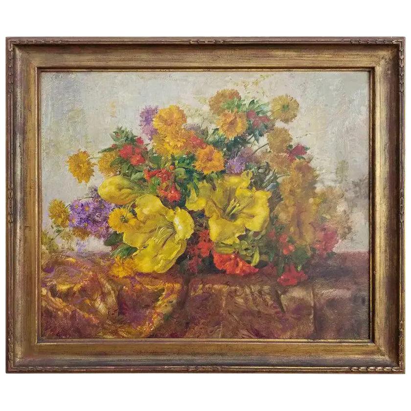 Floral Still Life Oil Painting with Beautiful Original Frame, 1940s