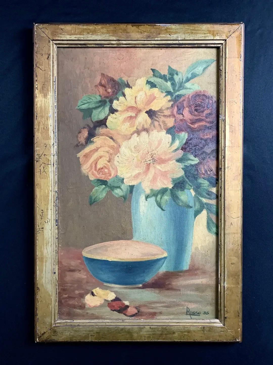 Featuring a bouquet of roses and peonies in a rich color palette to complement various styles of décor. Incorporates nicely with Tuscan, shabby chic, or French country themes, accented with shades of robin’s egg blue, crimson, and marigold. Oil on