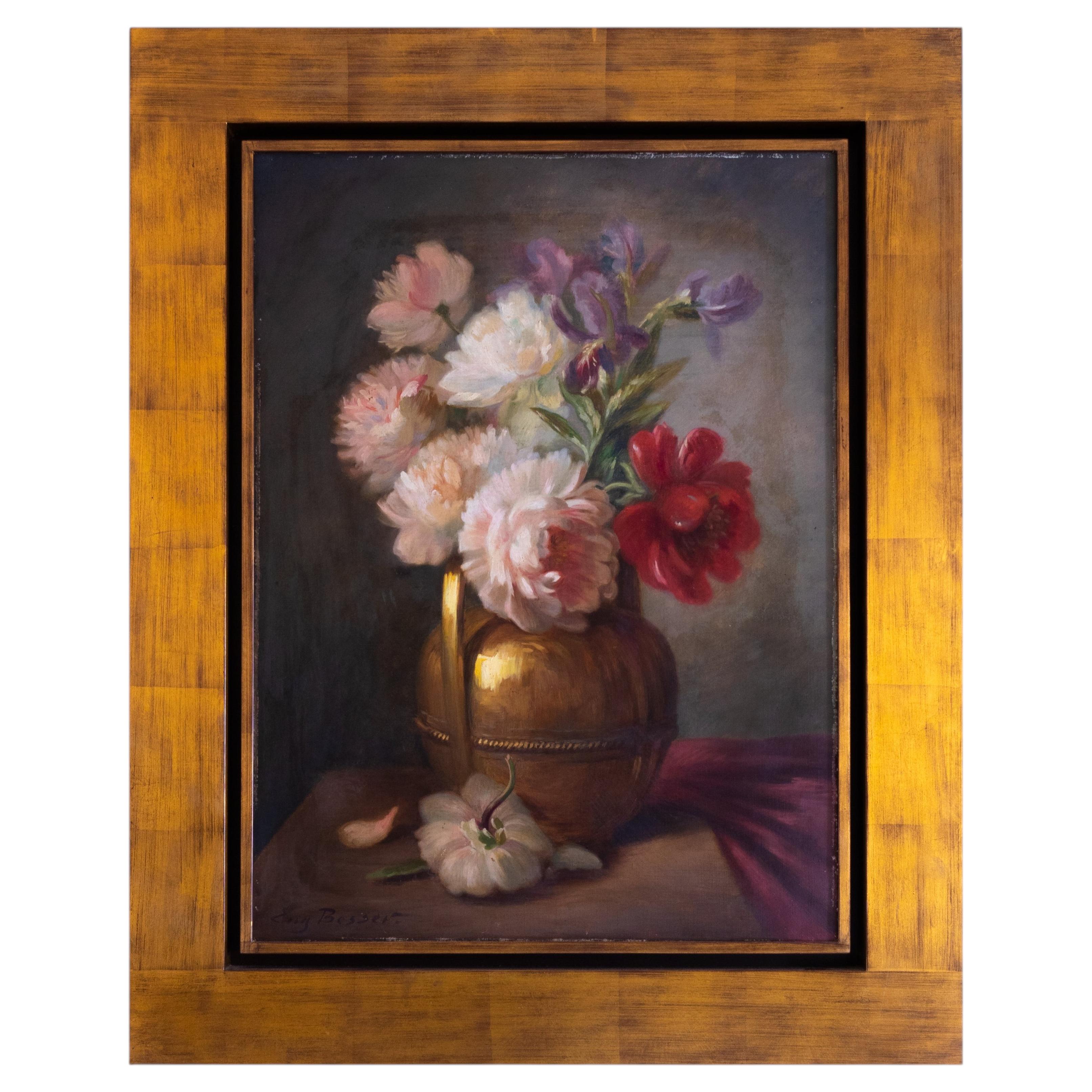 Floral Still Life Painting, Sfumato Technique, Signed, 20th Century For Sale