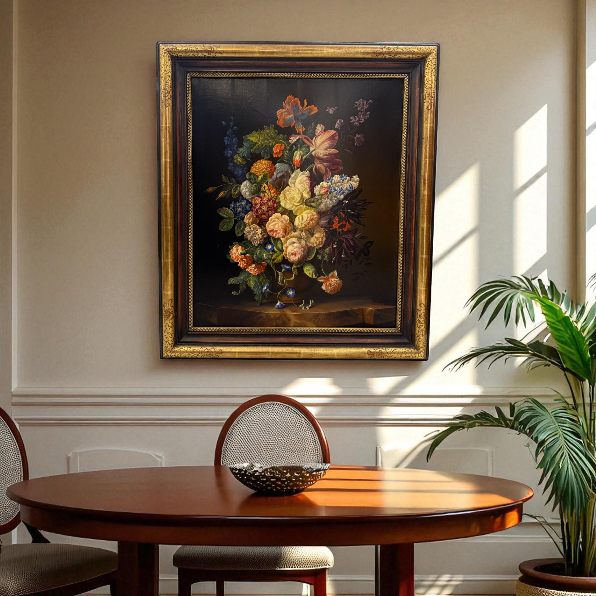 Leopold Maywalt (Austrian, b. 1925) – Still Life of Flowers

A striking still life painting by Austrian artist Leopold Maywalt (born 1925, Vienna), signed lower right. The work depicts a lavish bouquet of flowers, meticulously detailed and arranged