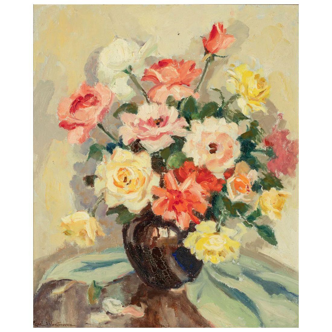 Dieses bezaubernde Blumenstillleben in Öl auf Leinwand zeigt einen leuchtenden Strauß von  orange-rote, gelbe und rosafarbene Blüten, elegant arrangiert in einer sattbraunen Vase. Die lebhaften Farben der Blumen bilden einen schönen Kontrast zu dem