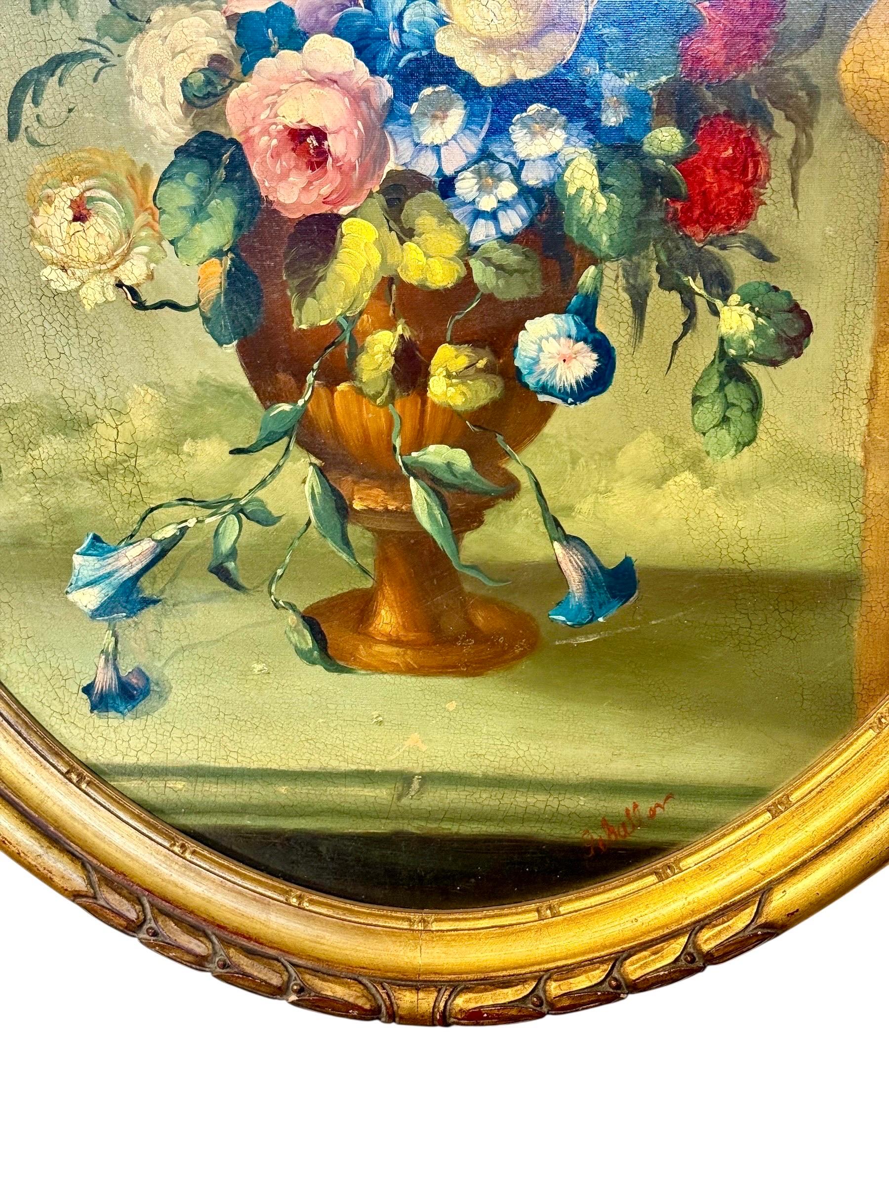 Nature morte florale avec perroquet, huile ovale sur panneau, signée, fin du 19e s. en vente 6