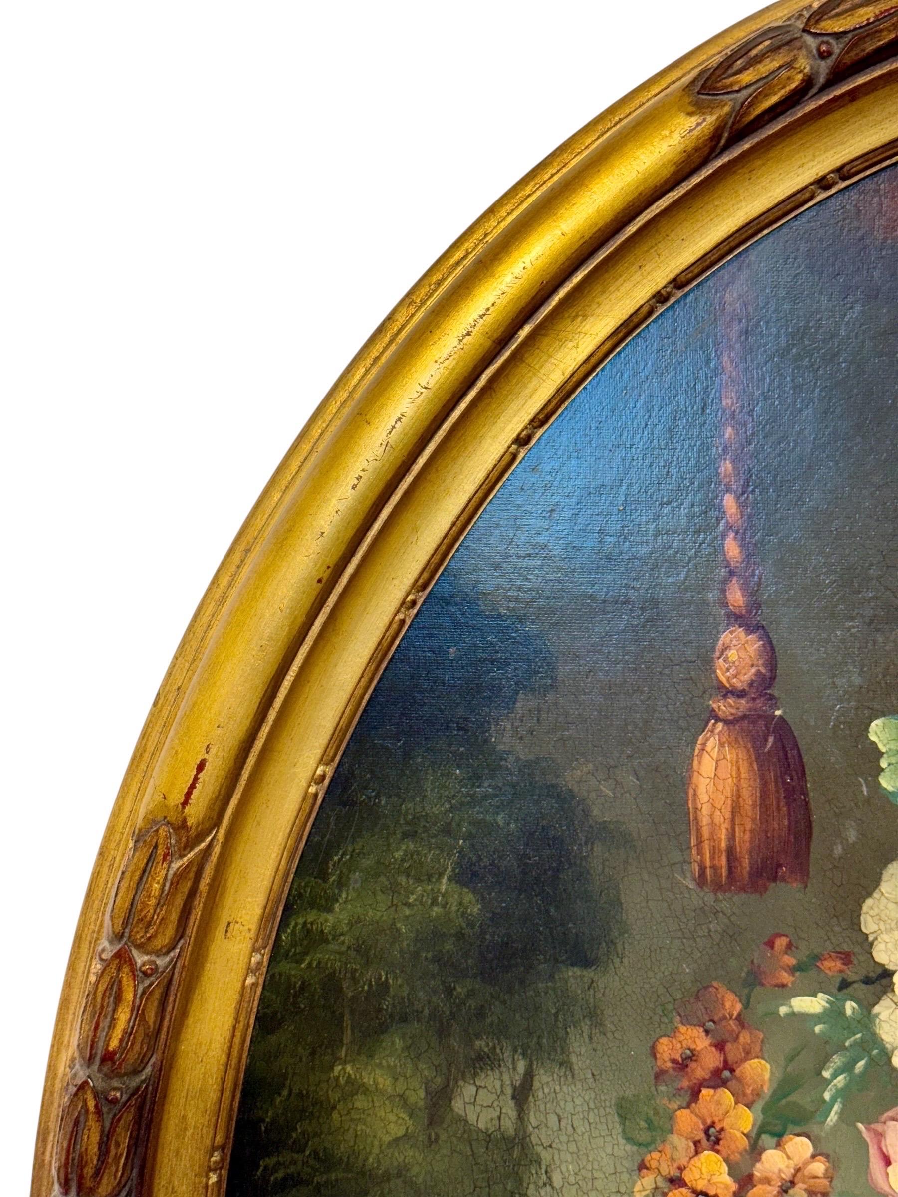 Nature morte florale avec perroquet, huile ovale sur panneau, signée, fin du 19e s. en vente 7