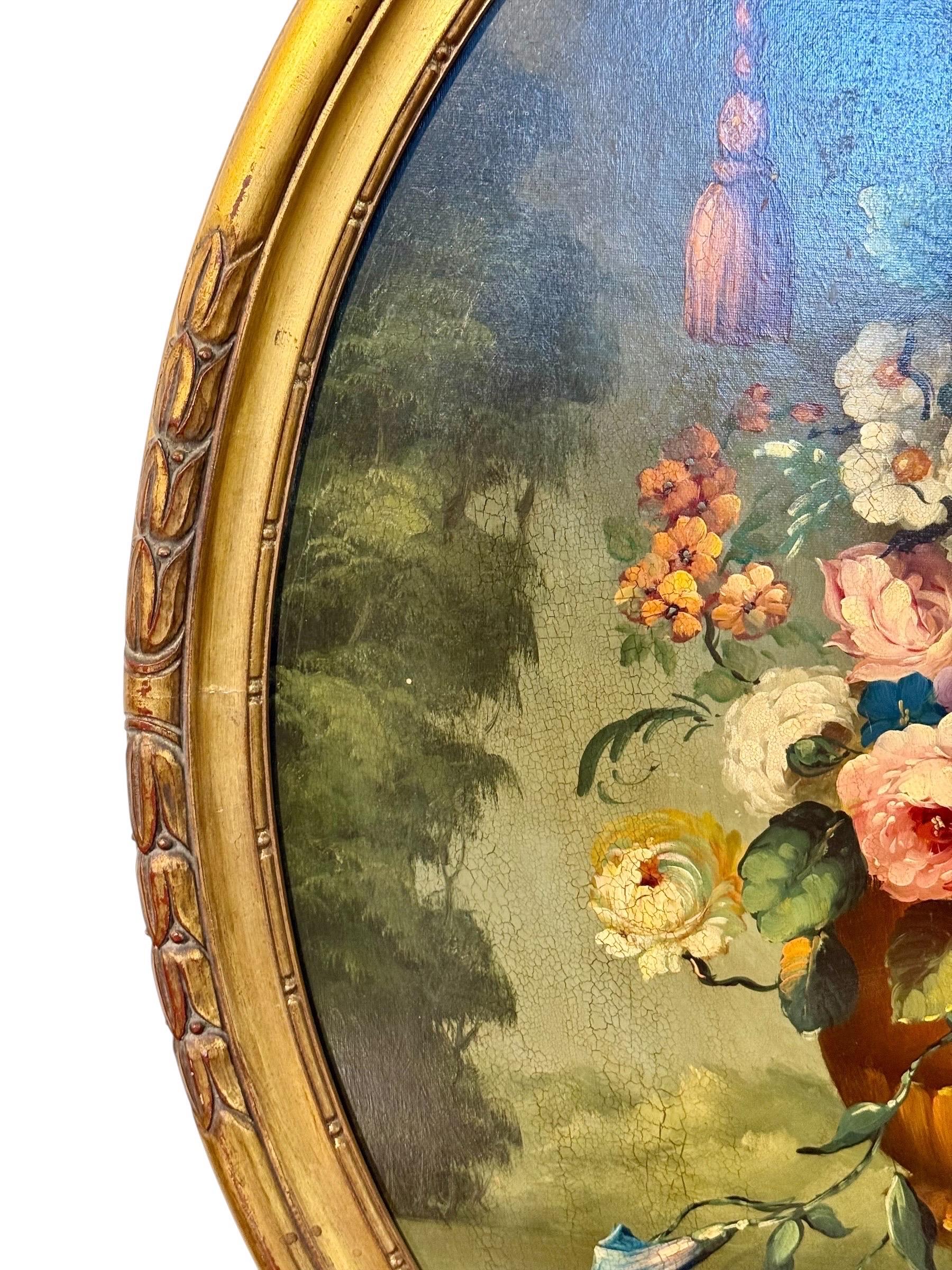 Nature morte florale avec perroquet, huile ovale sur panneau, signée, fin du 19e s. en vente 8