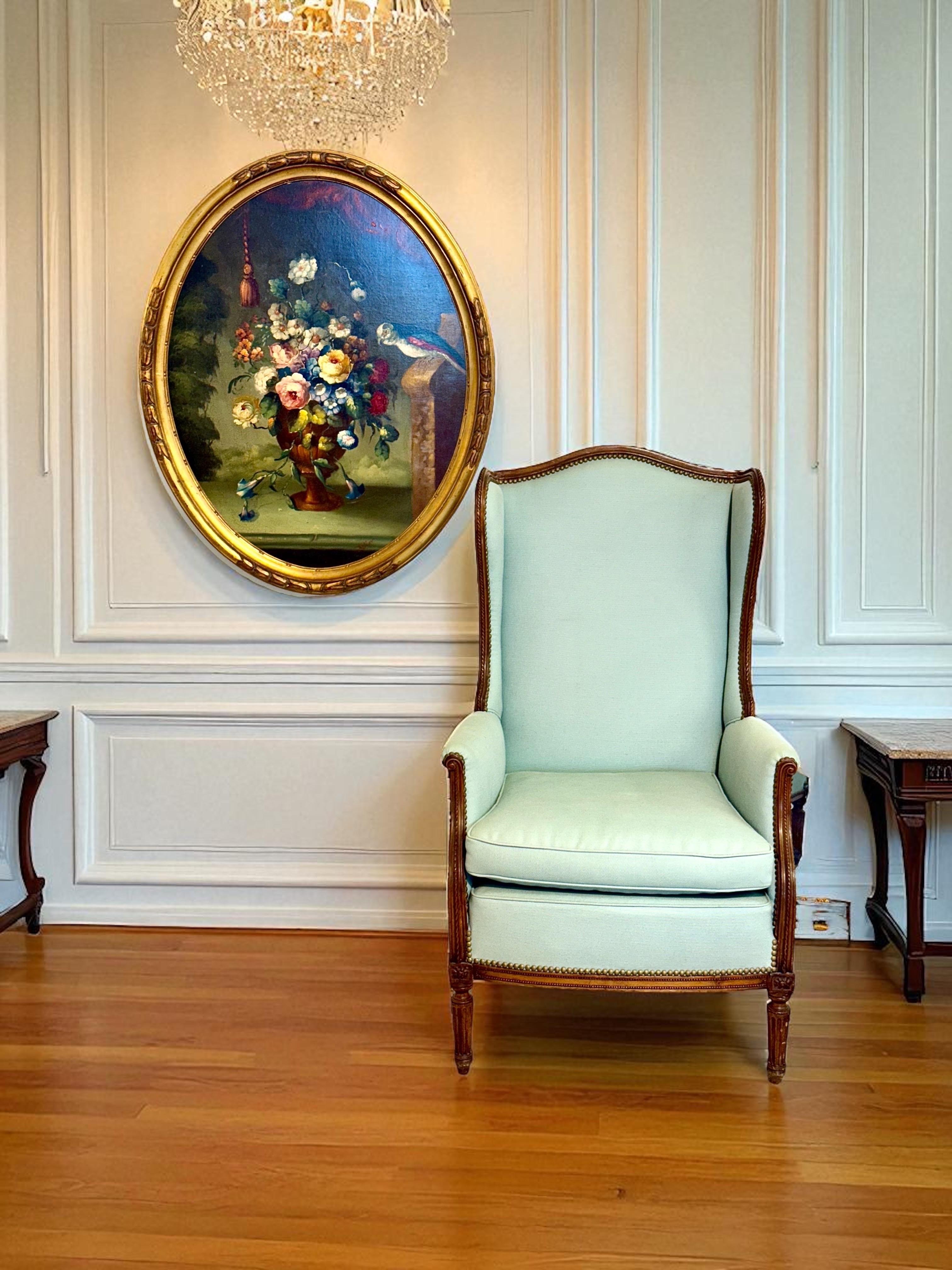 Nature morte florale avec perroquet, huile ovale sur panneau, signée, fin du 19e s. en vente 9