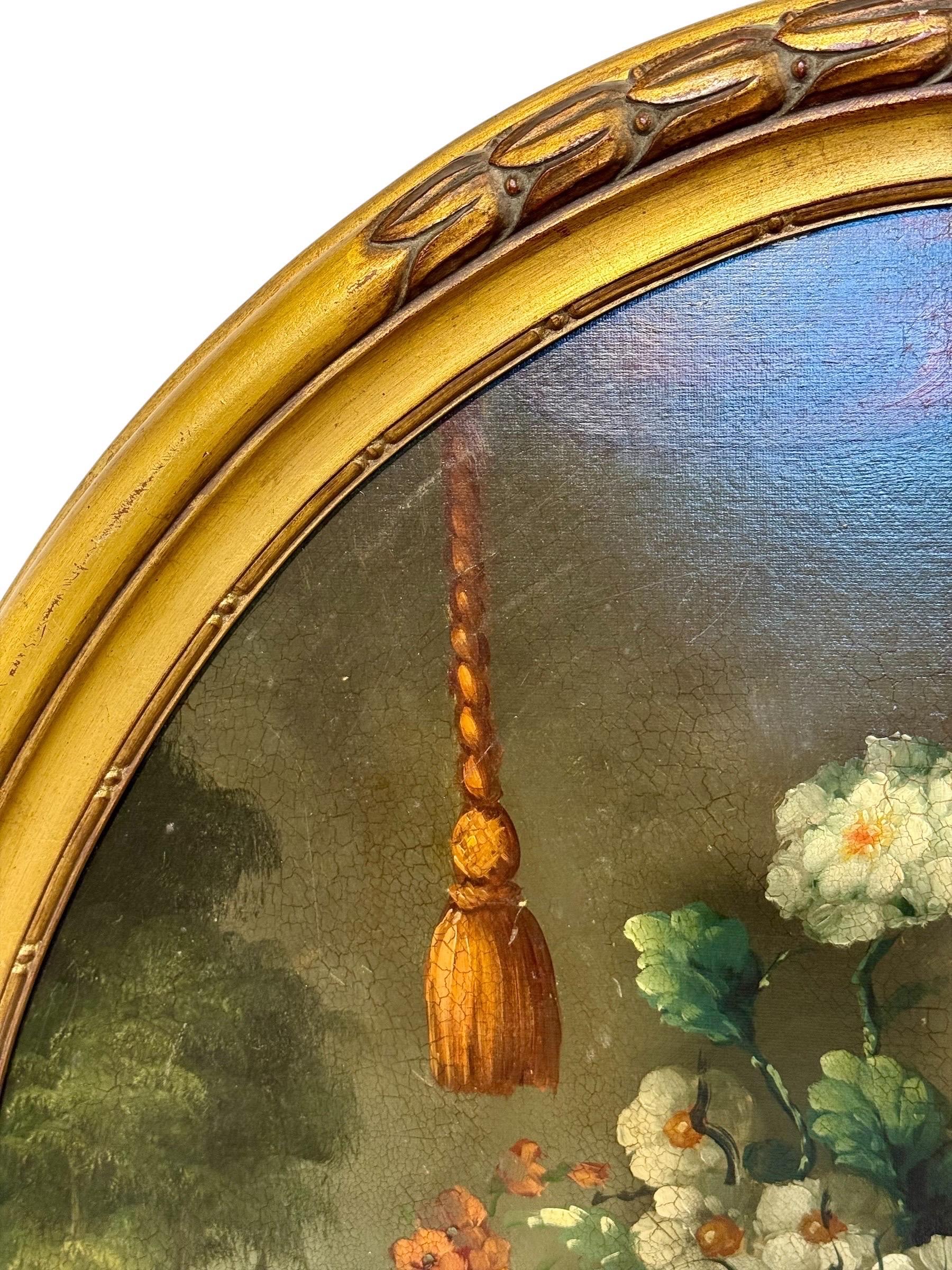 Français Nature morte florale avec perroquet, huile ovale sur panneau, signée, fin du 19e s. en vente