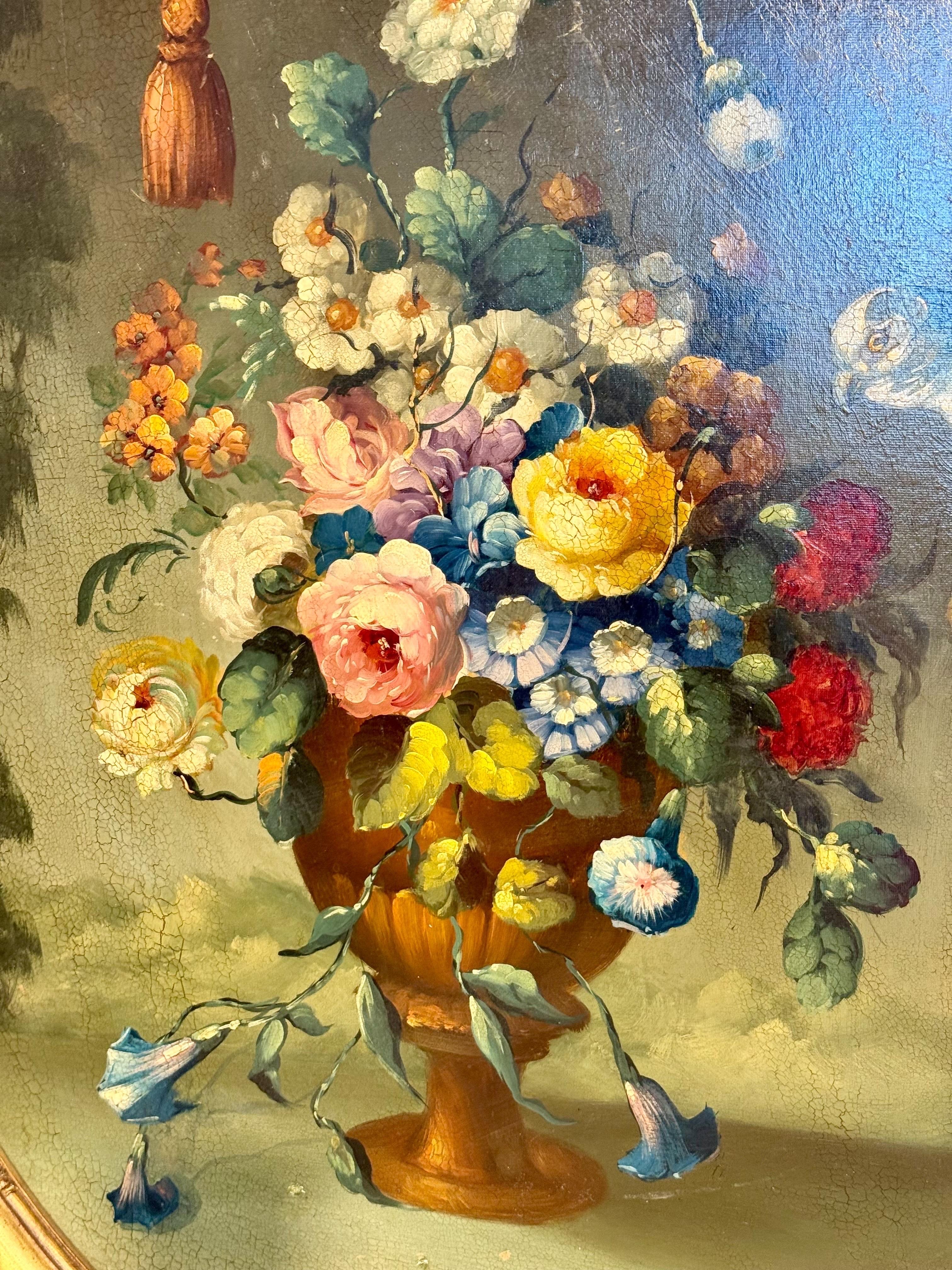 XIXe siècle Nature morte florale avec perroquet, huile ovale sur panneau, signée, fin du 19e s. en vente