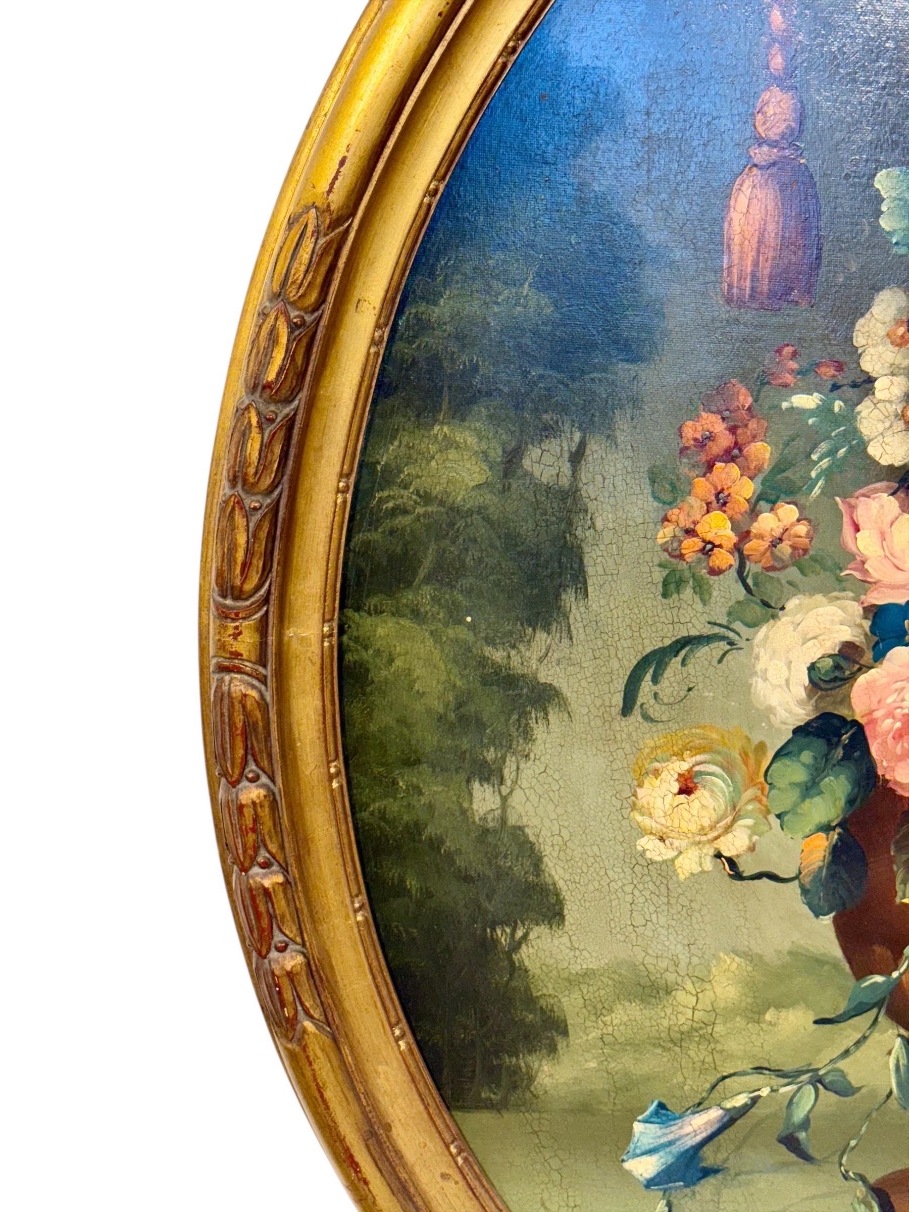 Orme Nature morte florale avec perroquet, huile ovale sur panneau, signée, fin du 19e s. en vente
